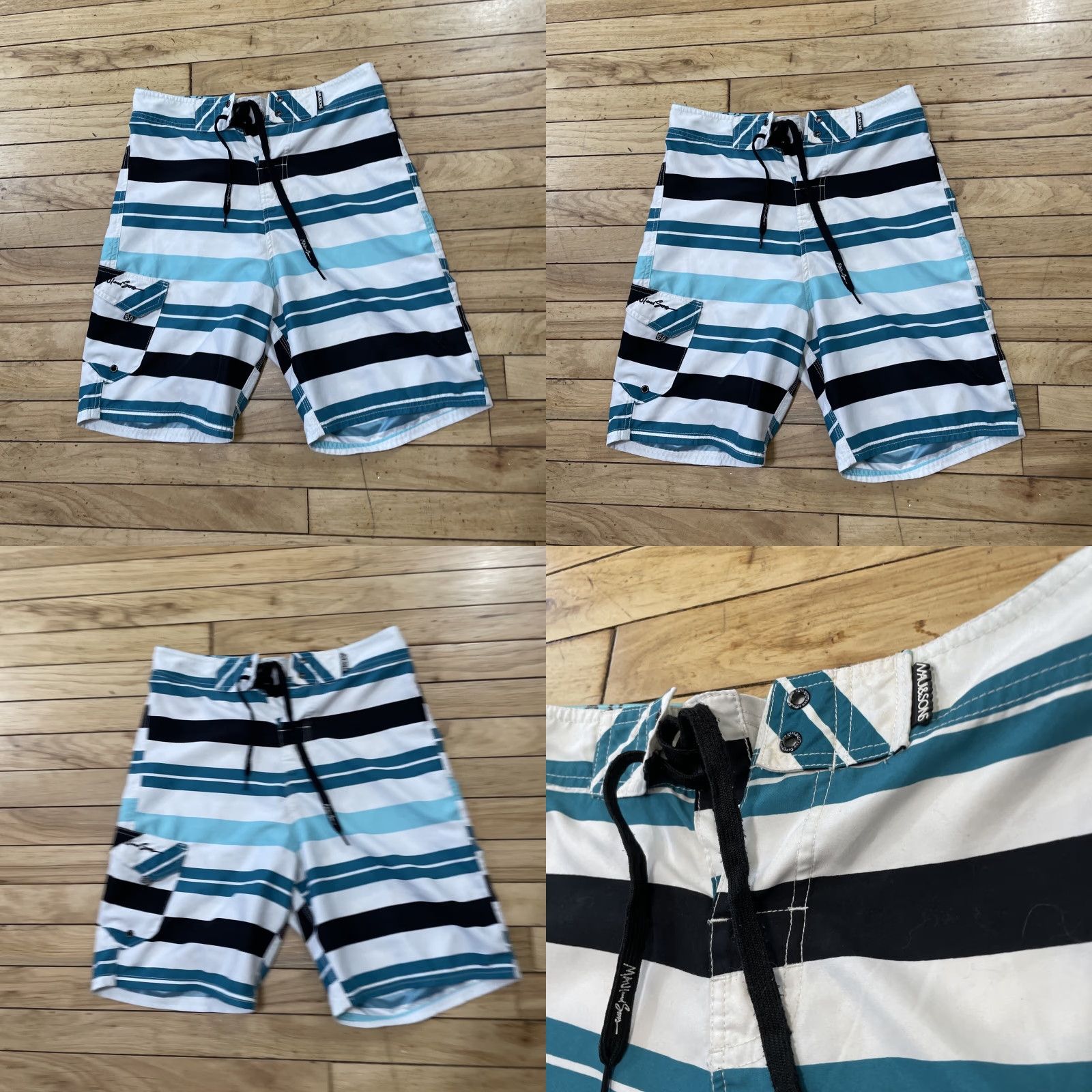 AQUA VINTAGE Maui and Sons Swim Trunks Mens 30 Teal Blue Aqua White Striped Surf Board Shorts Size US 30 / EU 46 - 10 Thumbnail