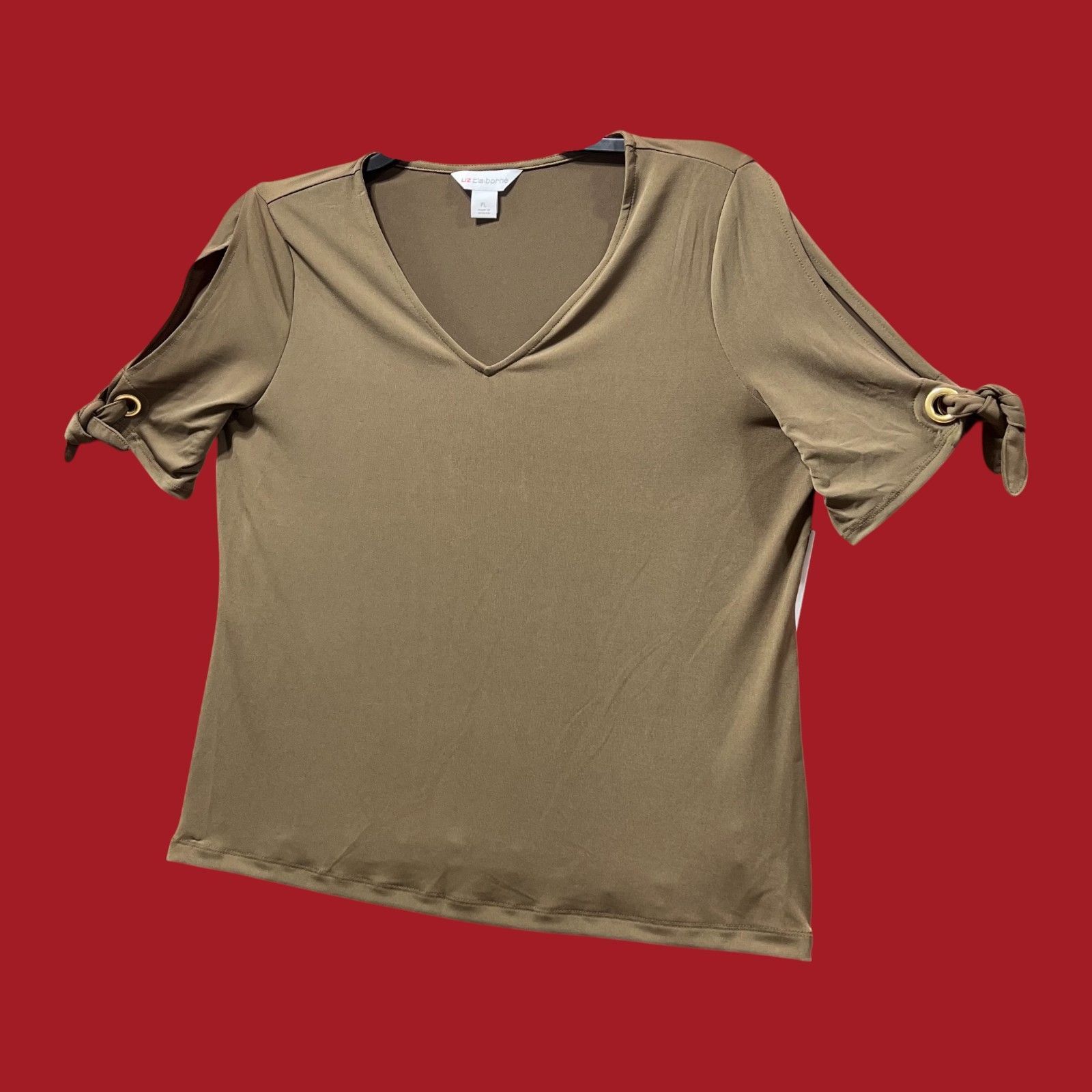 Other Liz Claiborne - Women's V-Neck Cold Shoulder Blouse - Olive Size L / US 10 / IT 46 - 12 Thumbnail