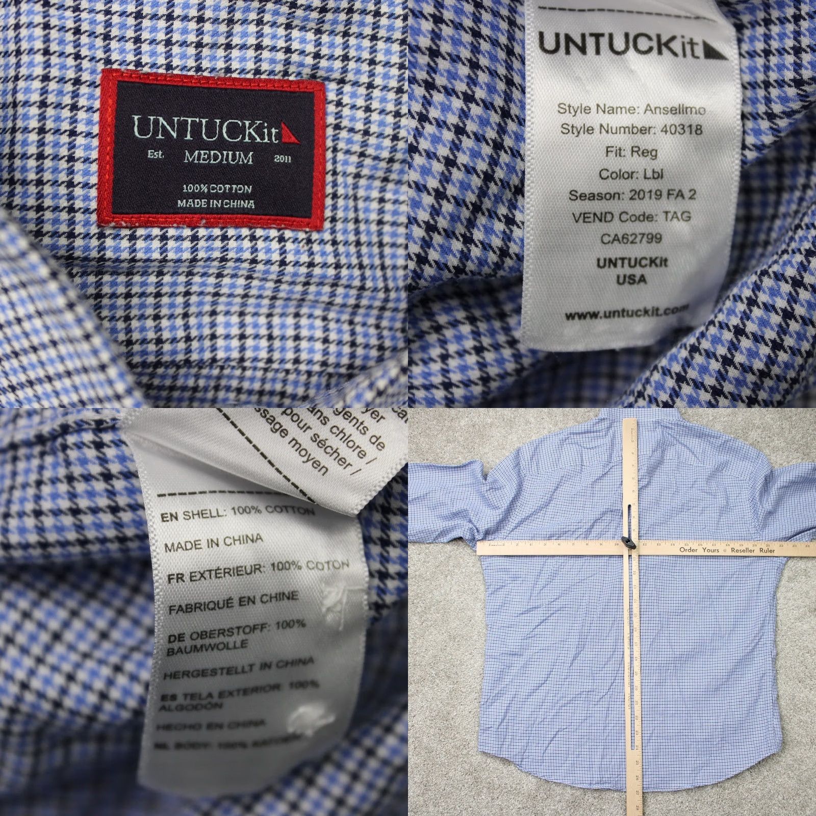 UNTUCKit UNTUCKit Shirt Men Medium Blue Checkered 100% Cotton Long Sleeve Button-Up Carded? Size US M / EU 48-50 / 2 - 8 Thumbnail