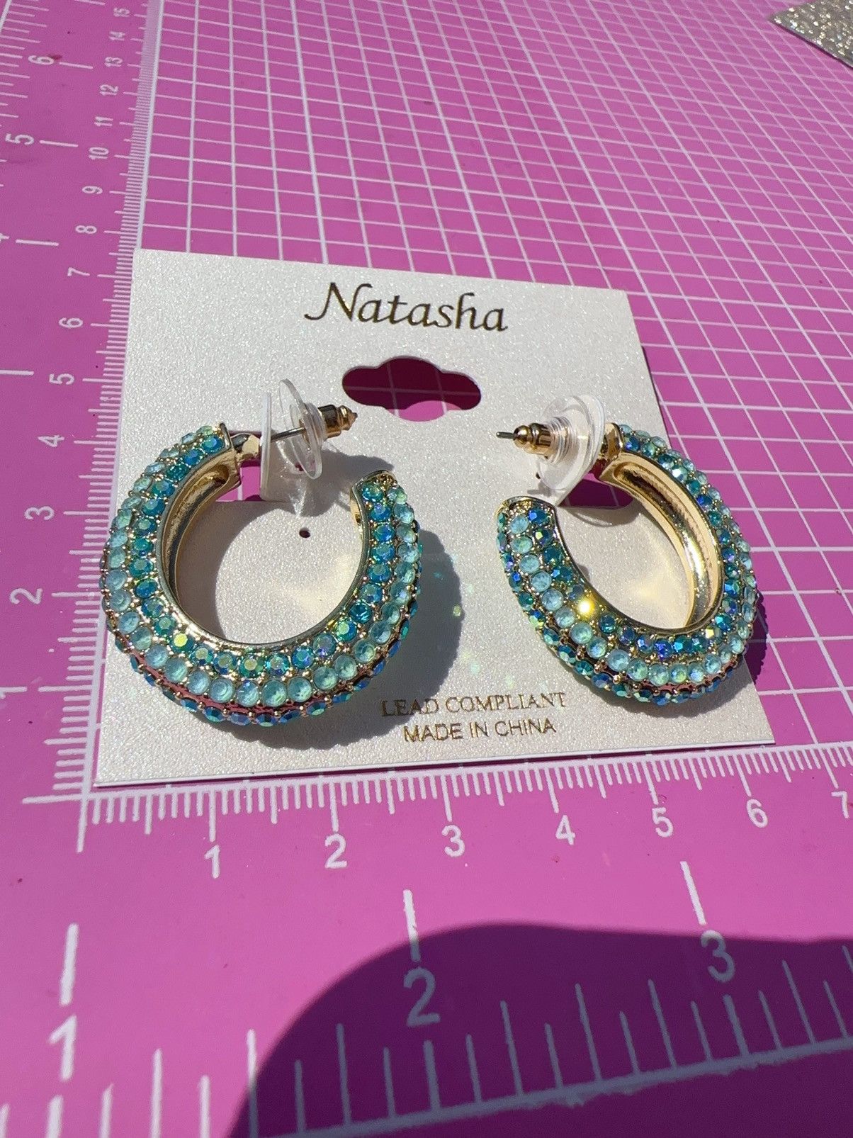 Designer Natasha gold tone Water Blue diamonds paved open loop circle Size ONE SIZE - 5 Thumbnail