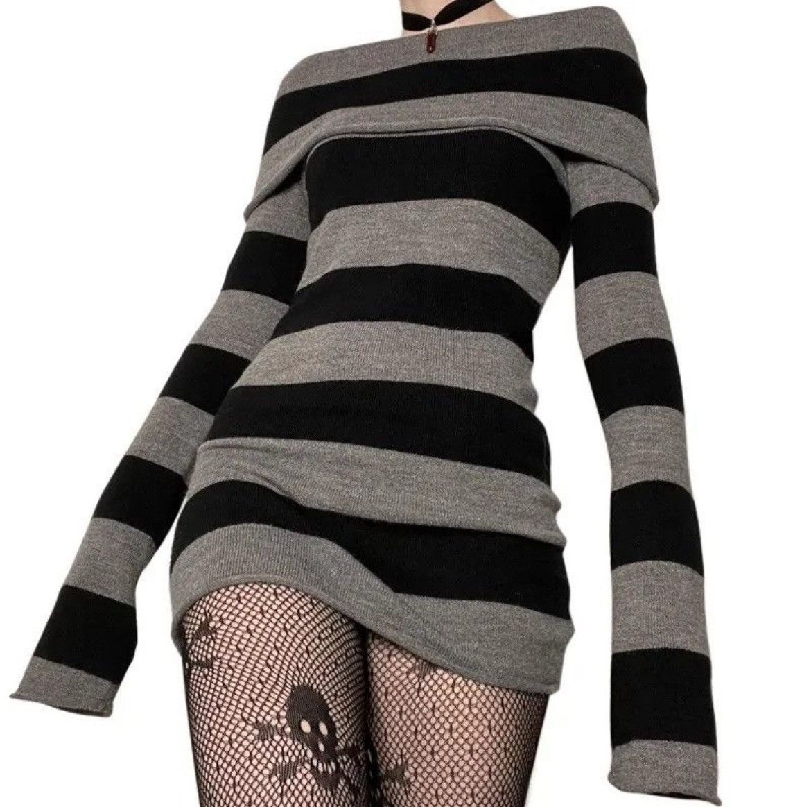 Japanese Brand × Vintage Y2K Striped New Sweater Mini Dress Goth Grunge Slim Fit Size L / US 10 / IT 46 - 1 Thumbnail