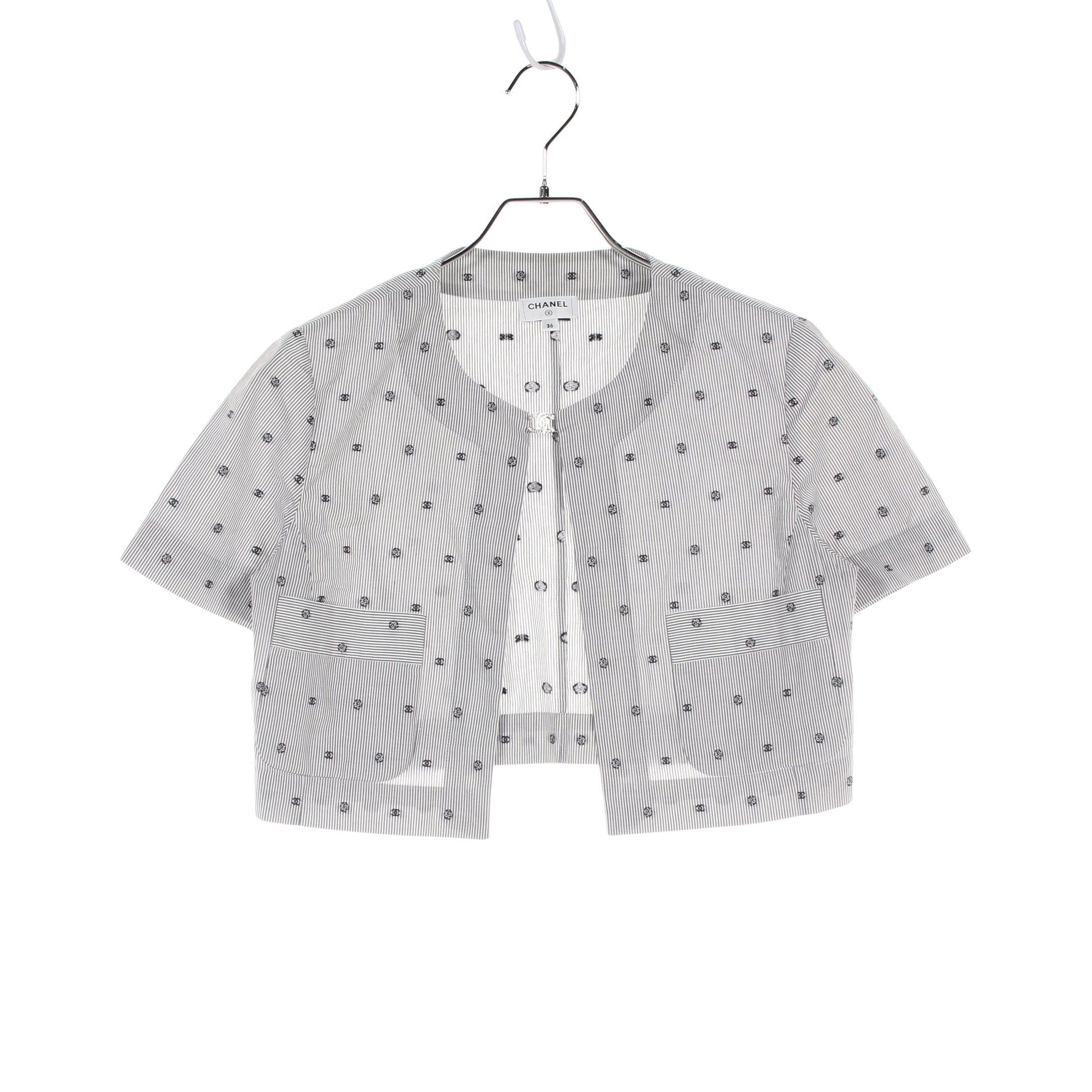 Chanel Coco Mark Camellia Blouse Stripe Rhinestone Cotton Gray White