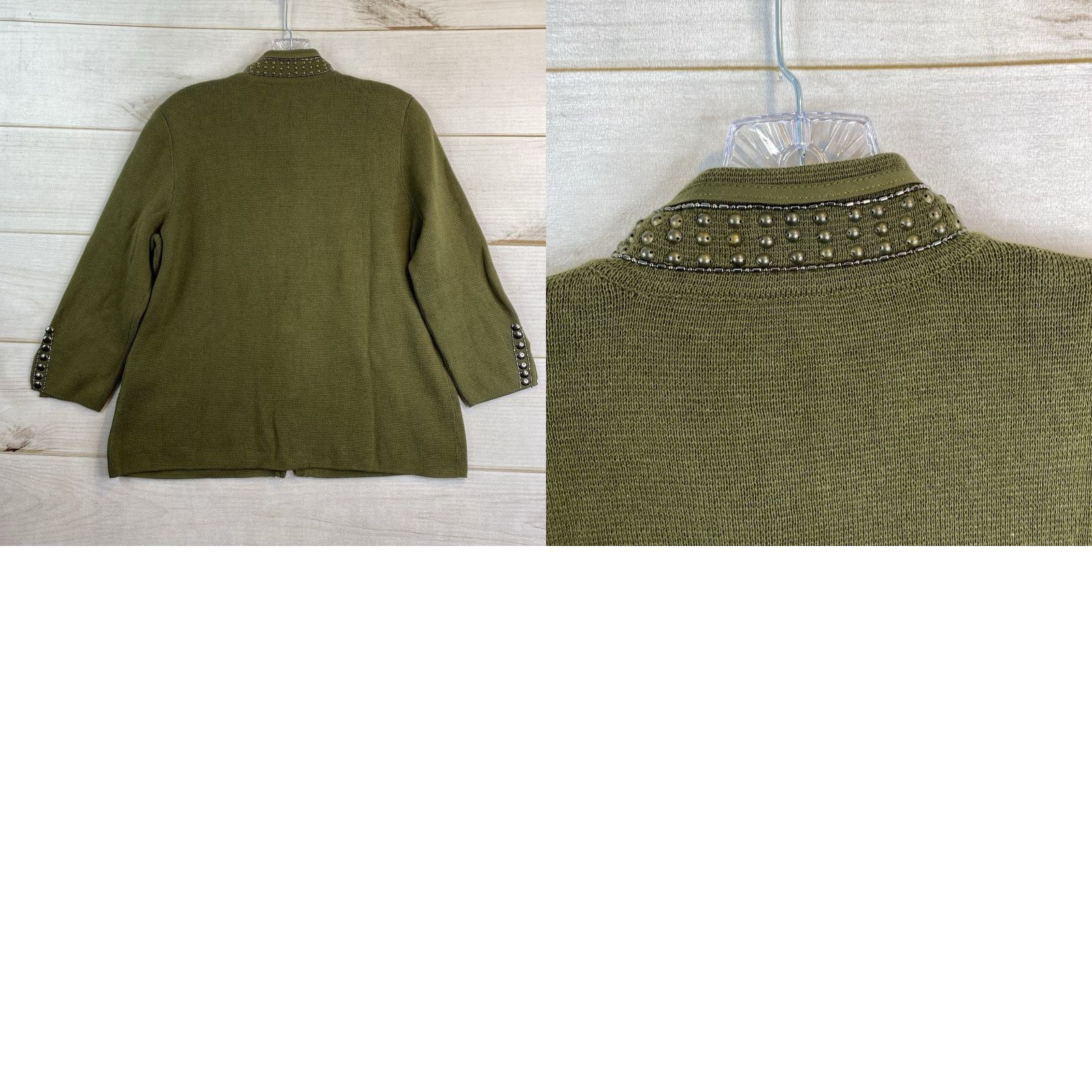 Vintage Chicos Cardigan Sweater 1 M 8/10 Olive Green Beaded Studded 3/4 Sleeve NWT Women's Knit 100% Cotton Button Up High Neck Modern Classic Size M / US 6-8 / IT 42-44 - 9 Thumbnail