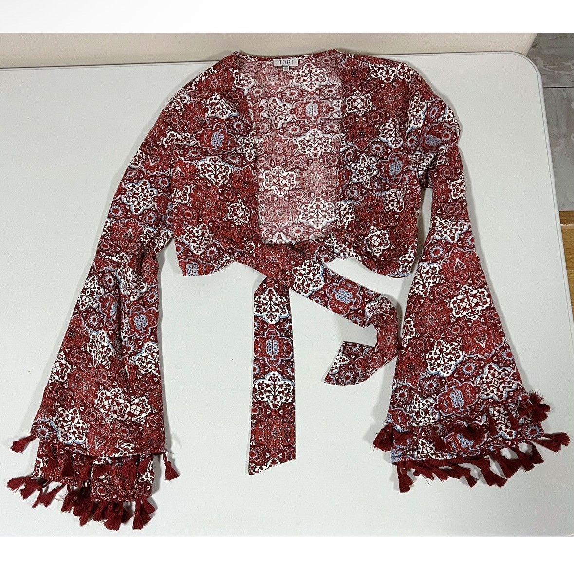 Tobias Wistisen Tobi Red Paisley Print Boho Bohemian Shrug Cardigan Top XS♥️✨ Size XS / US 0-2 / IT 36-38 - 2 Thumbnail