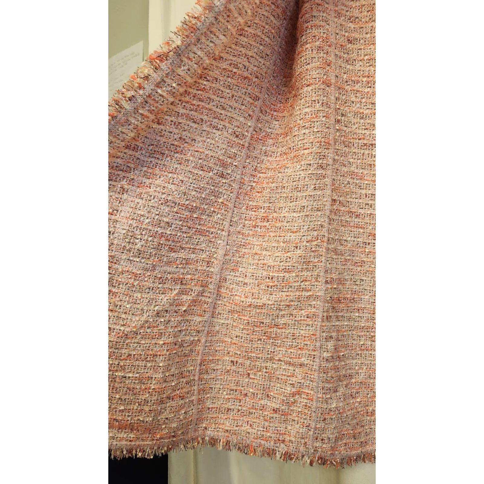 VINTAGE Neiman Marcus Jacket Womens Small Pink Orange Tweed Open Front Fringe Pockets