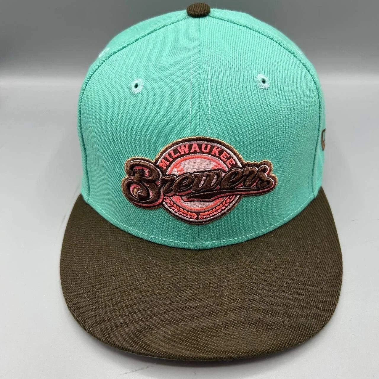 New Era Milwaukee Brewers Hat Men 7 3/8 Blue Brown MLB Fitted Cap Size ONE SIZE - 1 Thumbnail