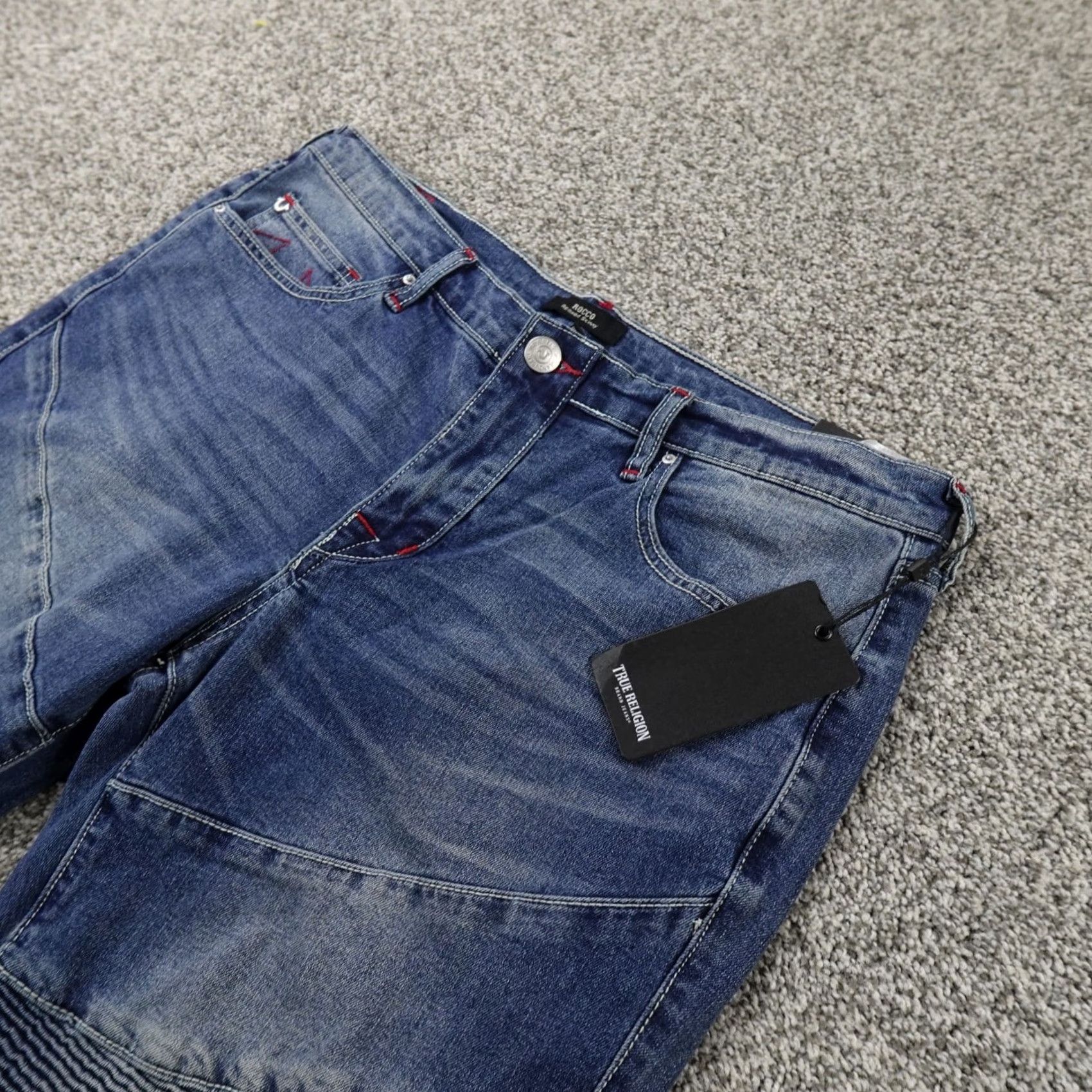 True Religion True Religion Jeans Mens 33X32 Dark Blue Denim Rocco Moto Relaxed Skinny Jeans Mens Blue 90s? Size US 33 - 2 Thumbnail