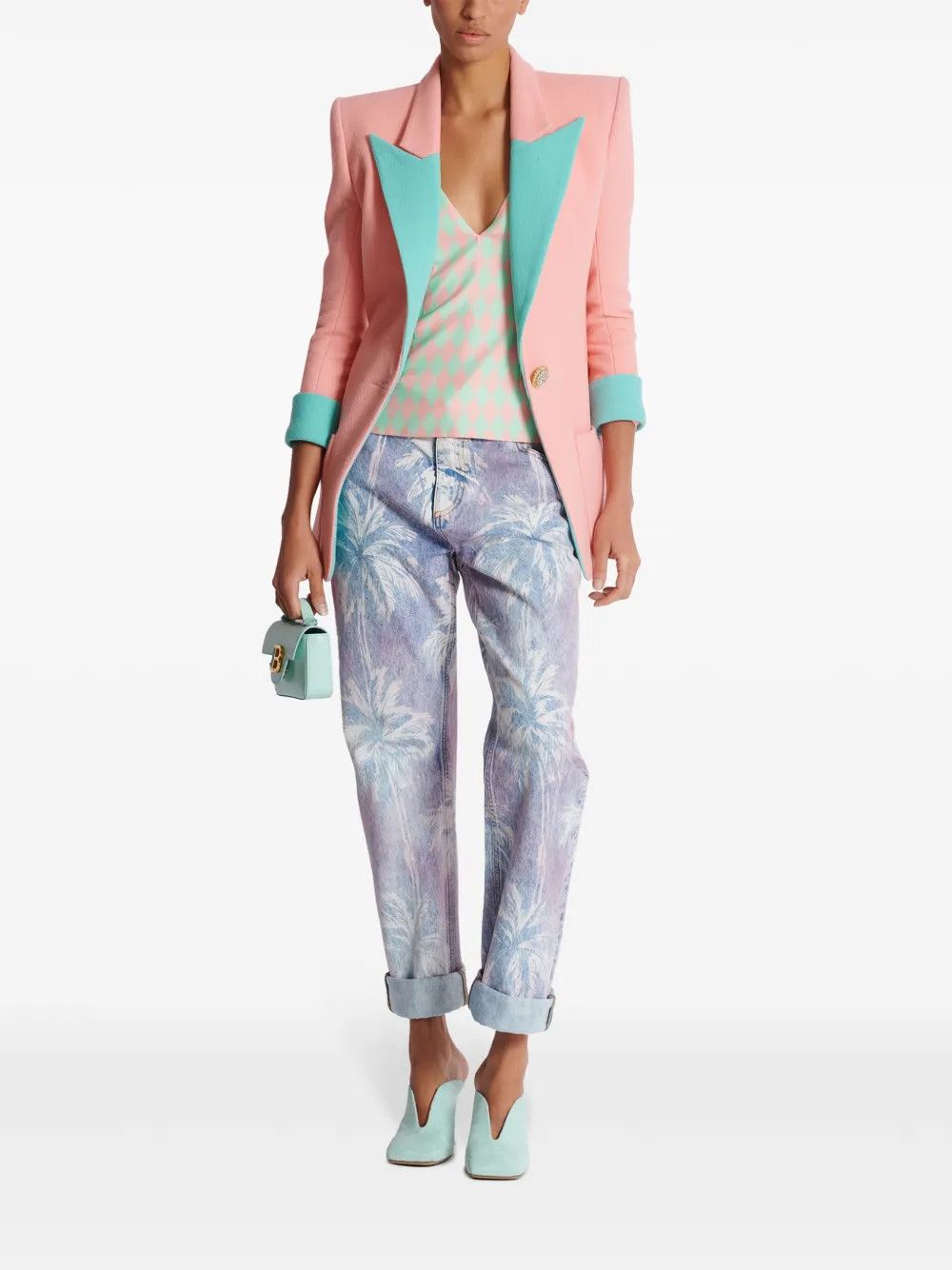Balmain o1s1wg110725 Dimond Print Silk Top in Green/Pink Size S / US 4 / IT 40 - 6 Thumbnail