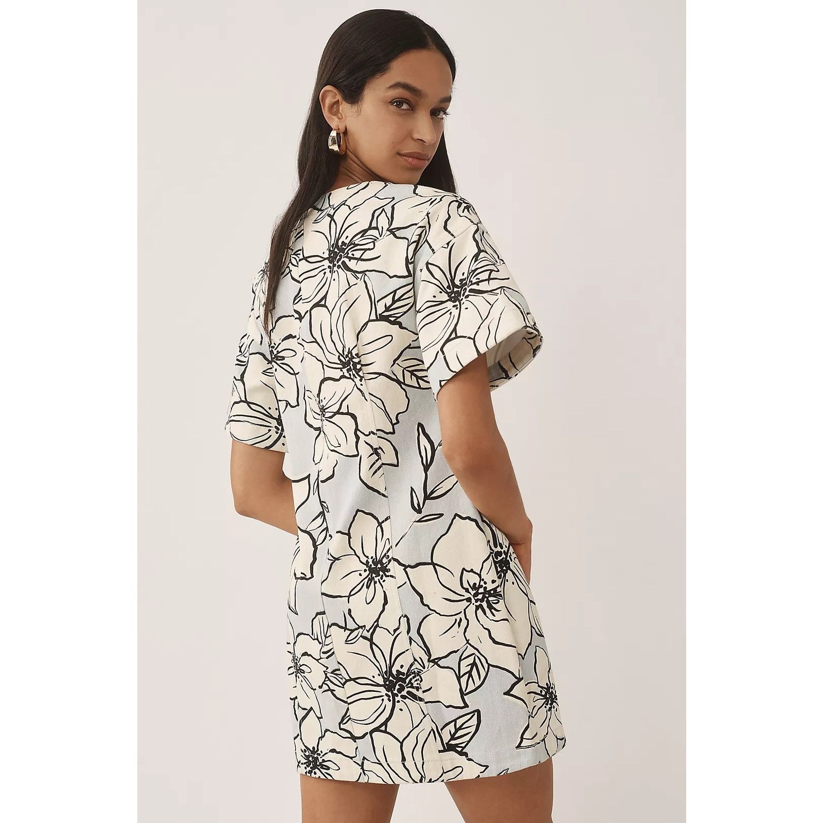 Anthropologie NWT Dhruv Kapoor Short-Sleeve Denim Mini Dress $168 Floral Size S / US 4 / IT 40 - 3 Thumbnail
