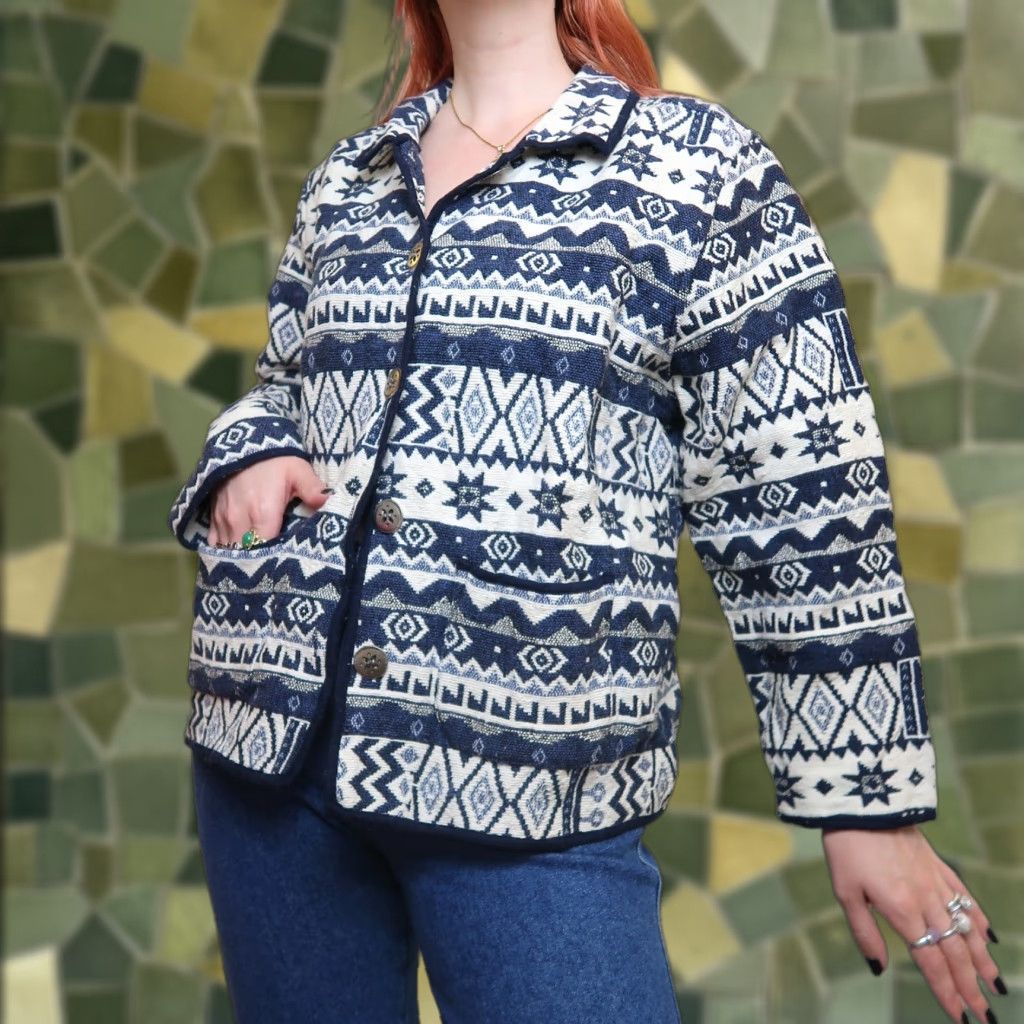 Vintage VINTAGE 90s blue and cream tapestry jacket coat Jane Ashley 1X XL Geometric Cotton Casual Mens Womens Adults? Size XL / US 12-14 / IT 48-50 - 1 Thumbnail