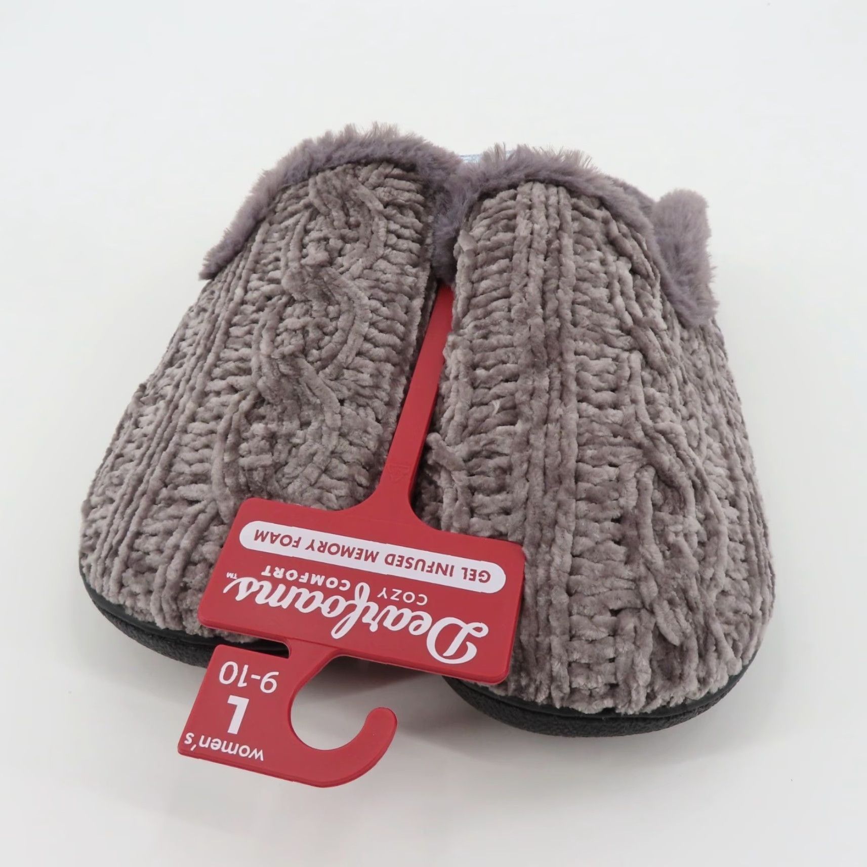 Vintage Dearfoams Slippers Women Large 9-10 Grey Chenille Cable Knit Faux Fur Slide NEW Memory Foam Slide Slippers Womens Medium? Size US 9 / IT 39 - 3 Thumbnail