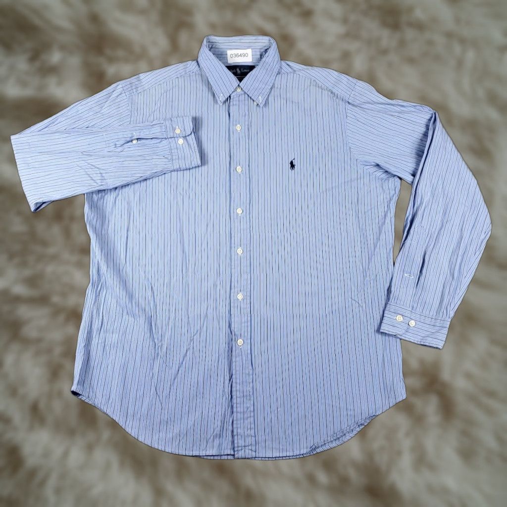 Ralph Lauren VINTAGE Ralph Lauren Shirt Mens 16.5 Blue Striped Dress Button-Down Long Sleeve, Regular, 100% Cotton, Non-Iron, Pockets, 90s/Classic Theme, Mens Size 42R - 1 Thumbnail