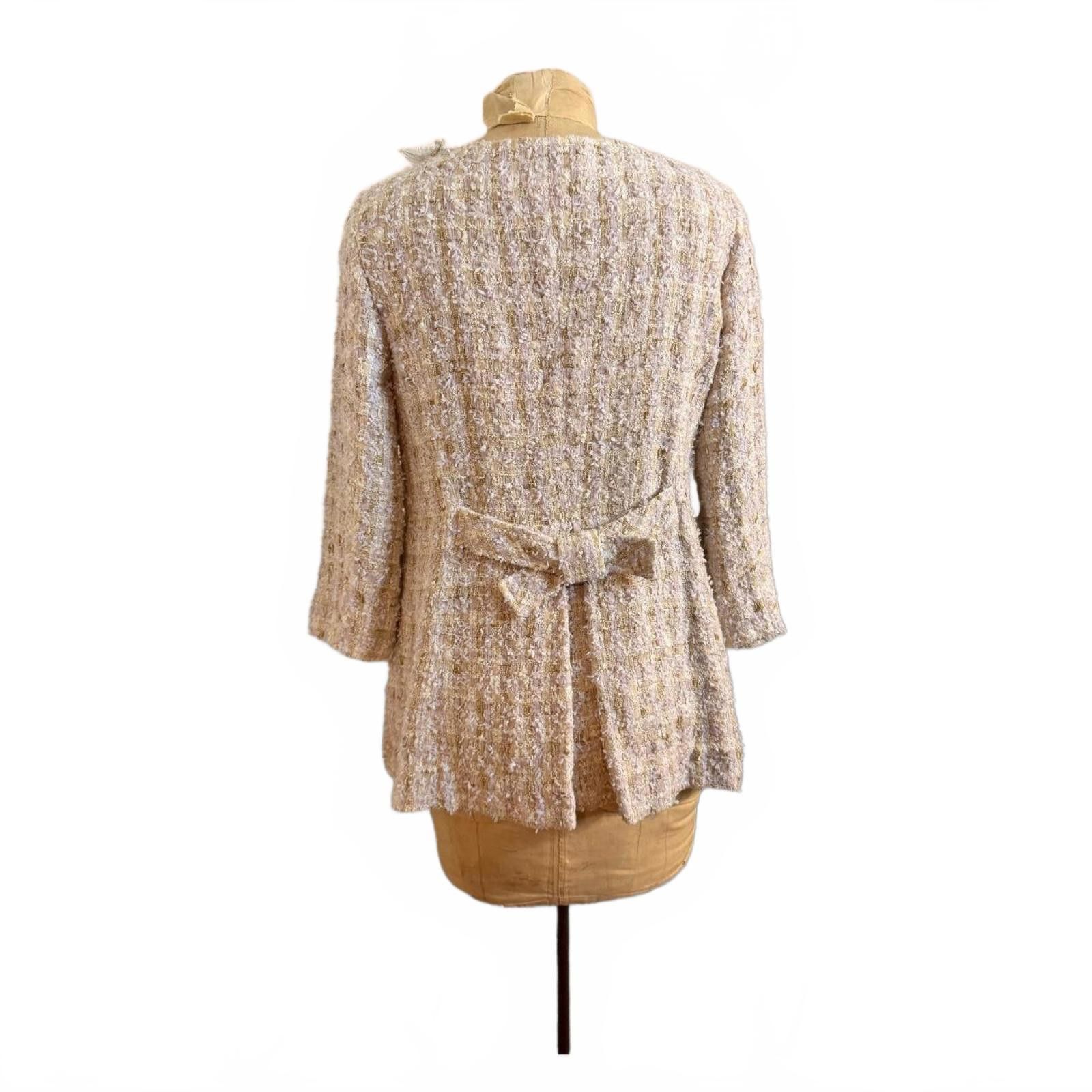 Other Son Jung Wan Beige Textured Tweed Long Jacket with Bow Back Size M / US 6-8 / IT 42-44 - 2 Thumbnail