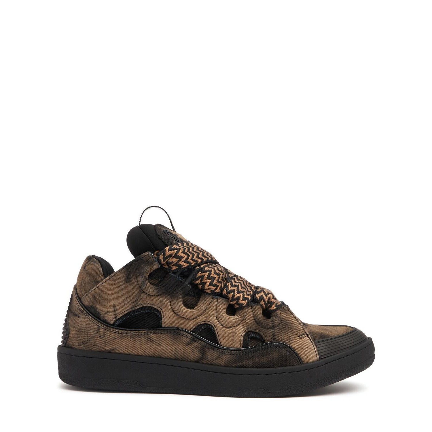 LANVIN Curb $1090 Black/Beige Washed Denim Sneakers New & Au