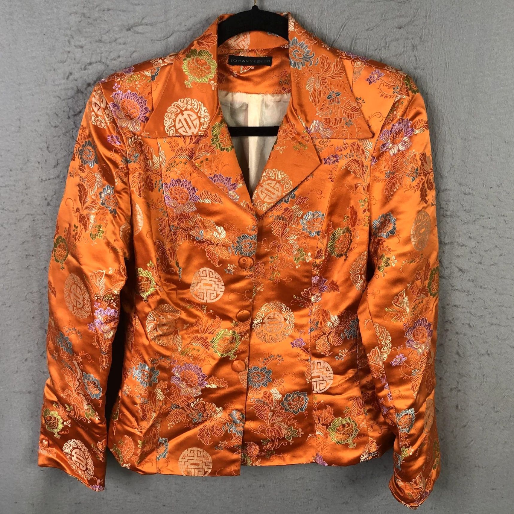 Vintage Johanne Beck Blazer Womens Medium Orange Silk Blend Floral Embroidered Satin Blazer - Formal Party/Cocktail Womens Size M / US 6-8 / IT 42-44 - 2 Thumbnail