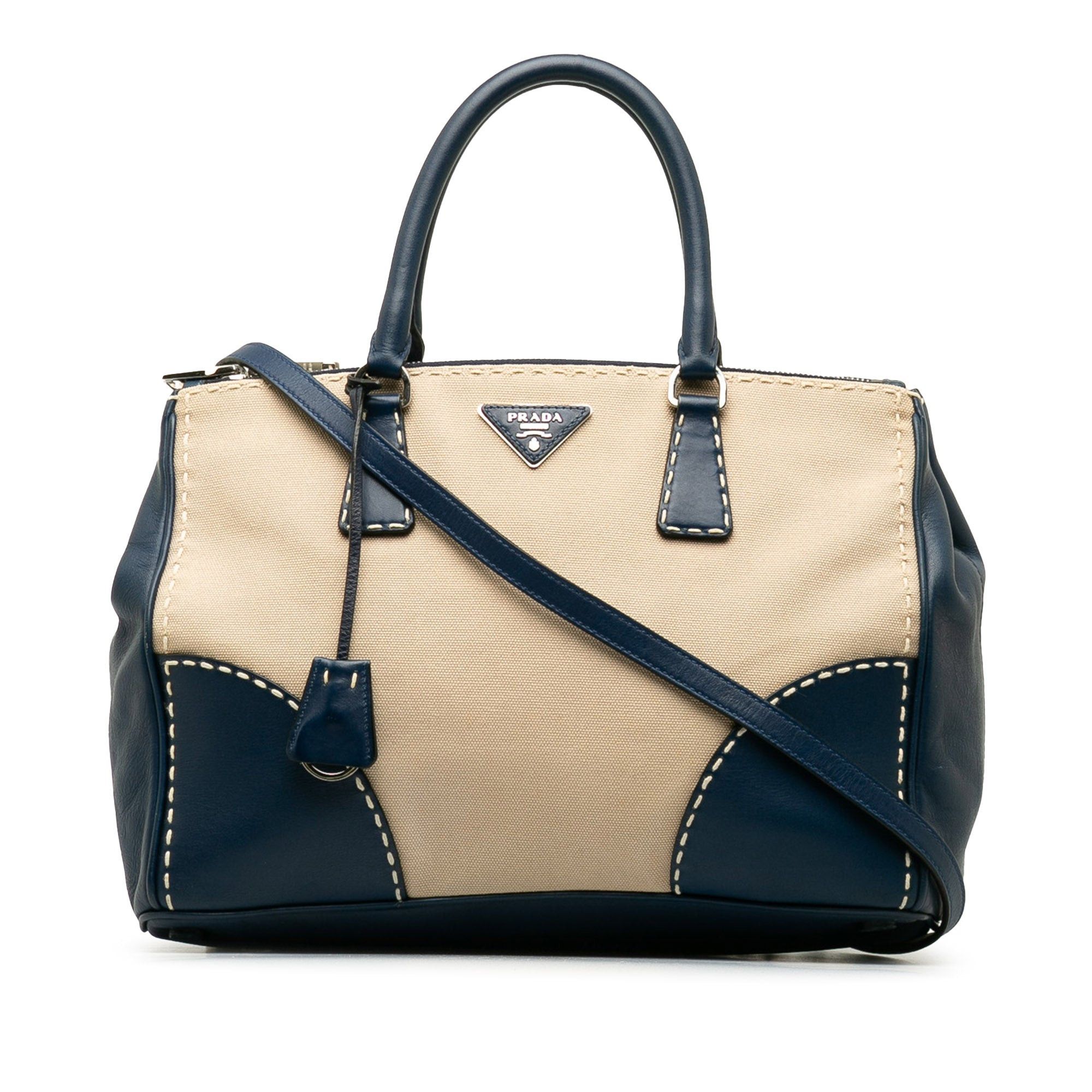 image of Prada Small City Calf Hand Stitched Galleria Double Zip Satchel in Brown, Women's