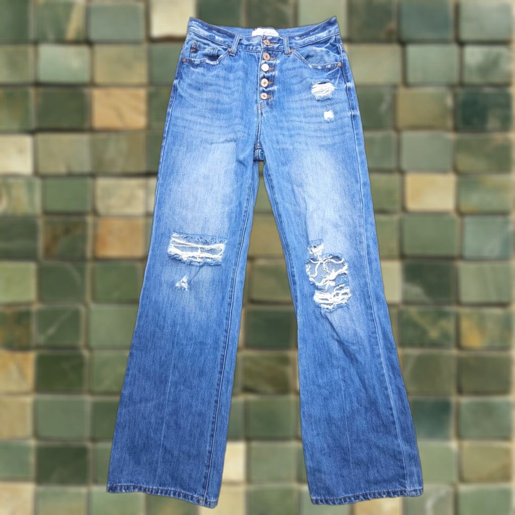 Vintage Kancan Ariena Ultra High Rise 90's Flare Jeans Blue Boho Distressed Size 5 / 26 Size 27" / US 4 / IT 40 - 1 Thumbnail