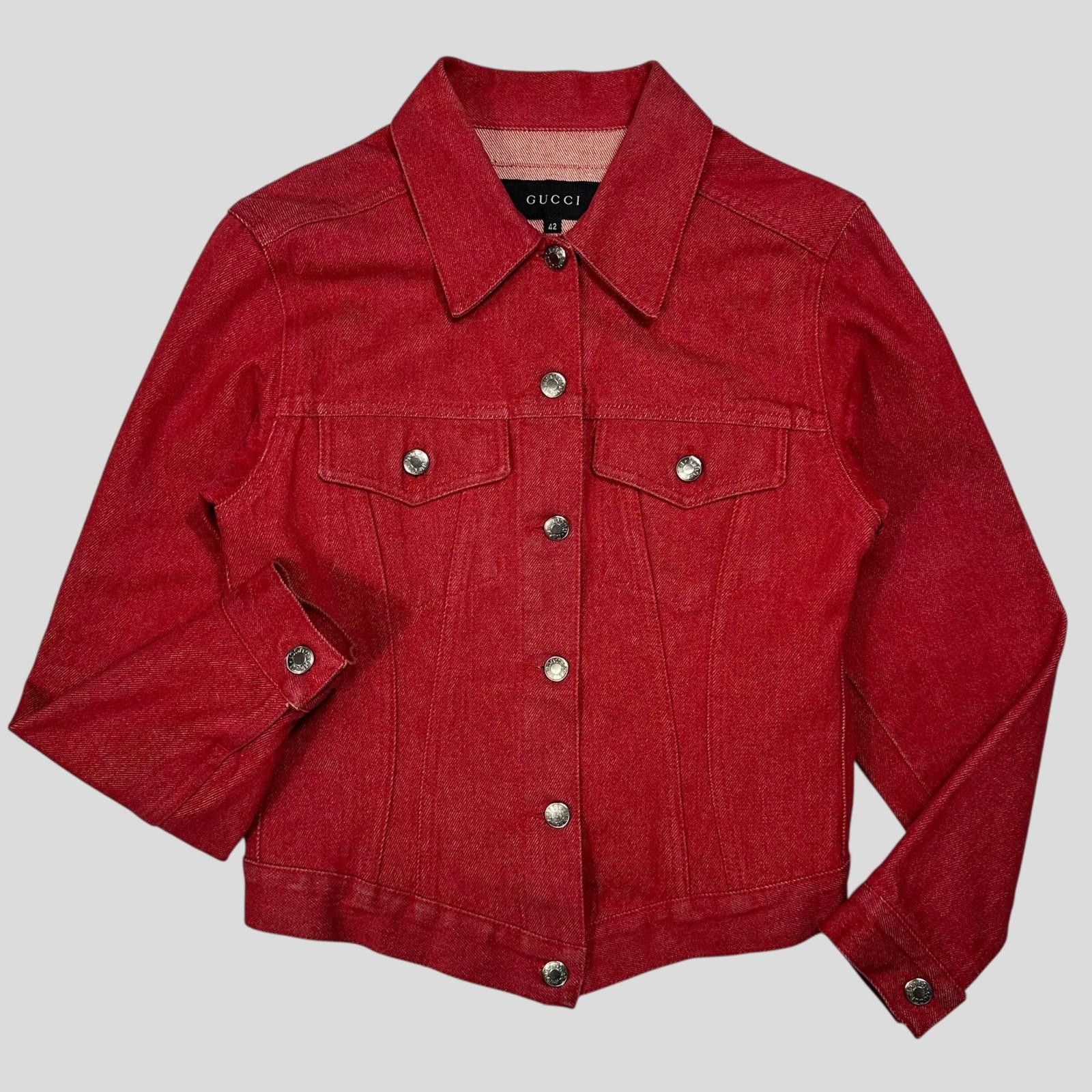 Gucci by Tom Ford 1999 Red Denim Cropped Front Drop Jacket S