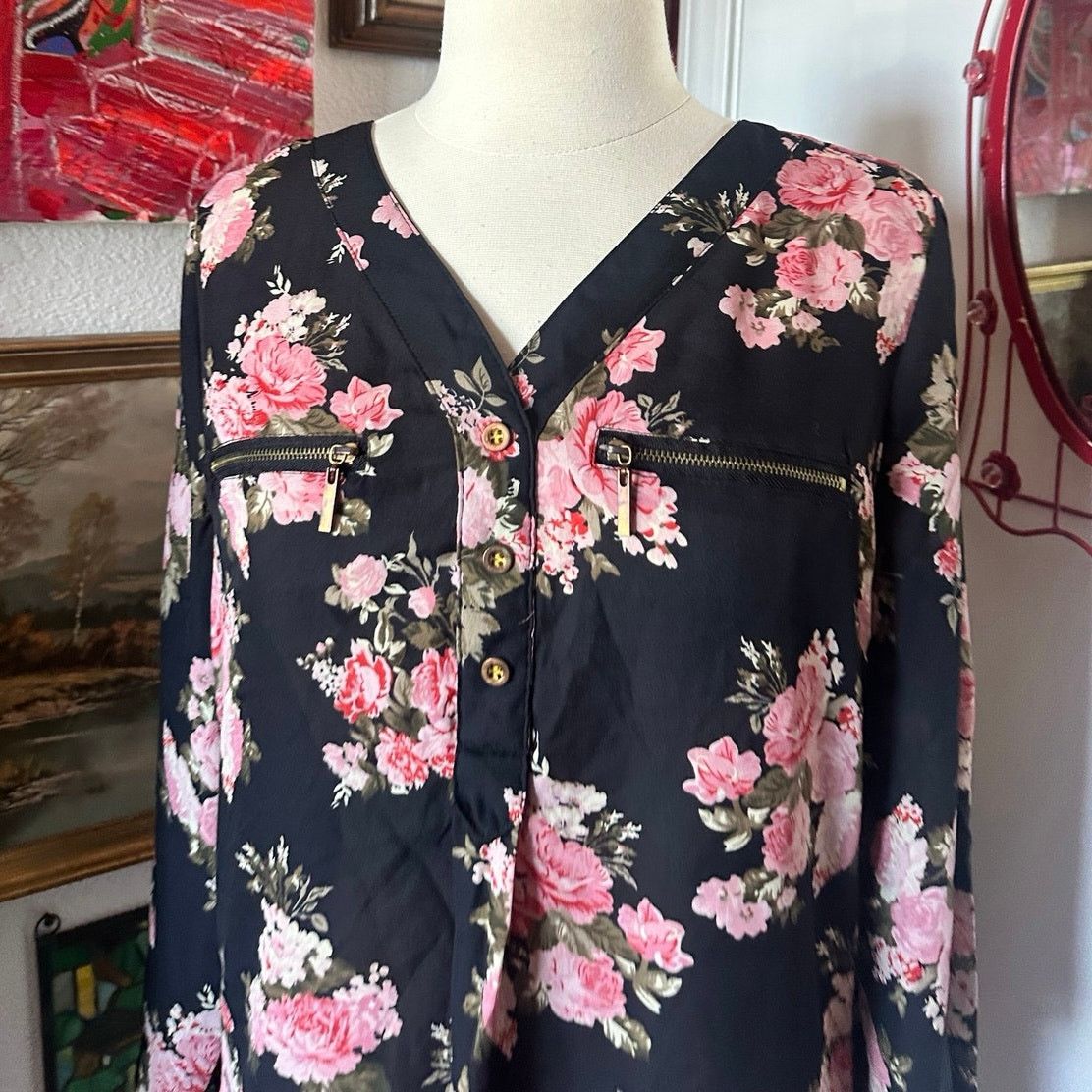 rue21 rue 21 pink black floral long sleeve blouse Size L / US 10 / IT 46 - 2 Thumbnail