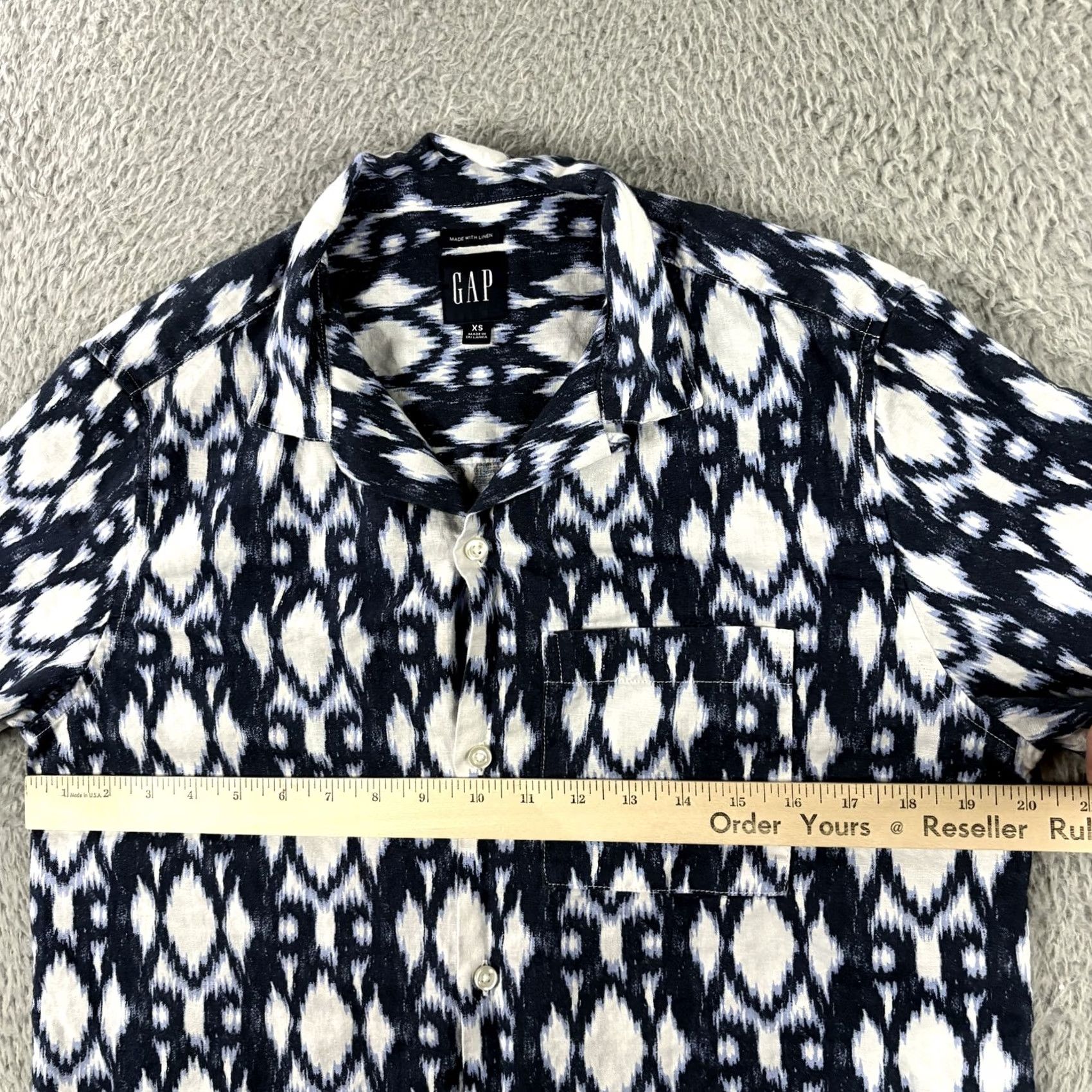 Gap GAP Shirt XS Blue White Ikat Print Linen Cotton Button Up Summer Mens Short Sleeve Size US XS / EU 42 / 0 - 6 Thumbnail