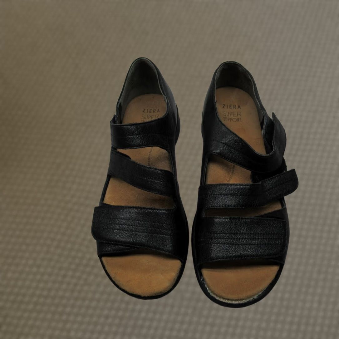 Vintage Ziera Women Sandals Black Leather Super Support Adjustable Strap Hook & Loop Flat Open Toe Size US 11 / IT 41 - 1 Thumbnail