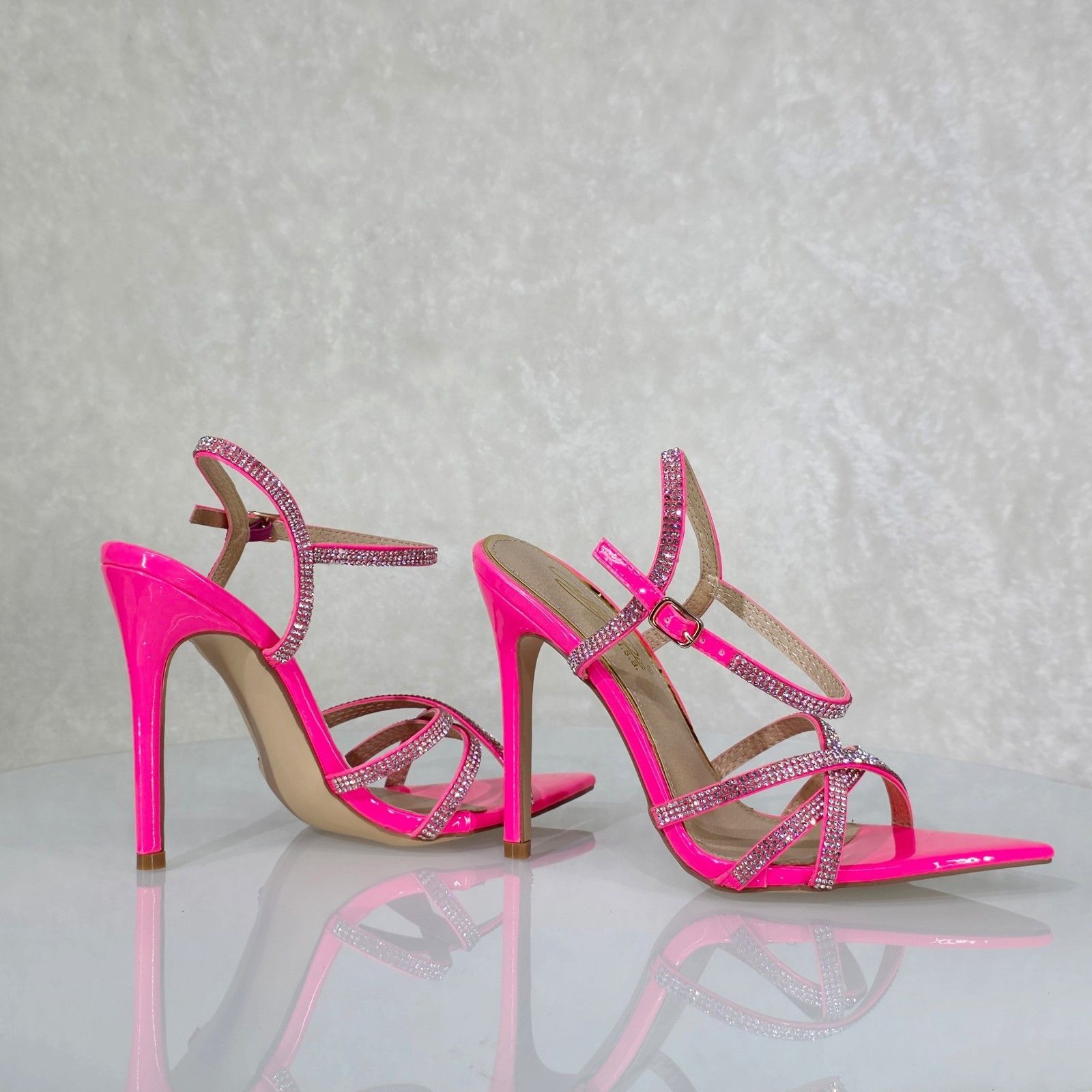 Other Marge Neon Hot Pink Patent Rhinestone High Heels Evening Par Size US 7 / IT 37 - 3 Thumbnail