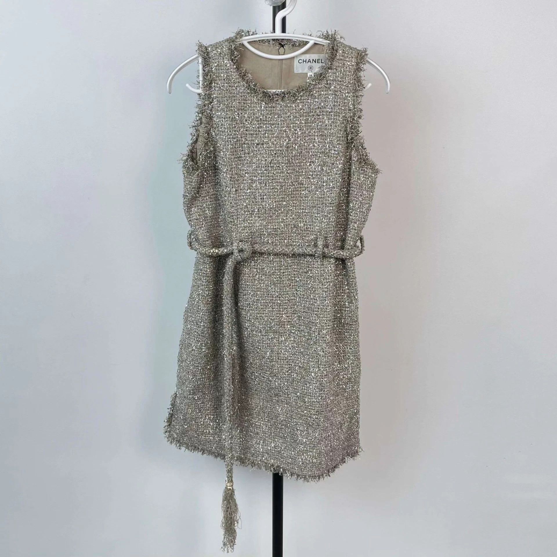 Chanel Greek Woven Tweed Silver-Thread Tassel Dress 38