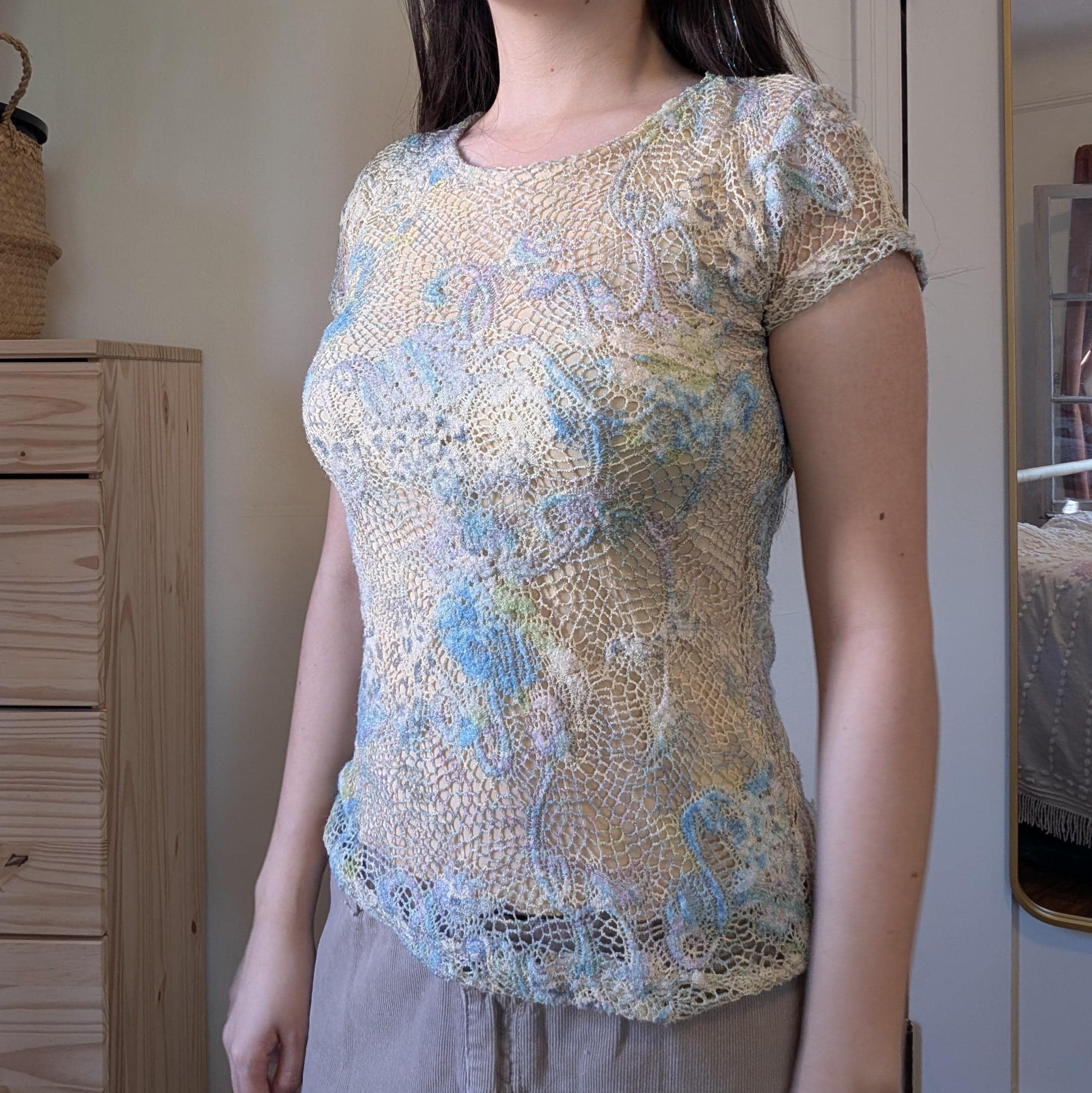 Vintage Y2K Crochet Lace Knit Top, 2000s Fitted Paisley Leopard Mesh Size M / US 6-8 / IT 42-44 - 4 Thumbnail