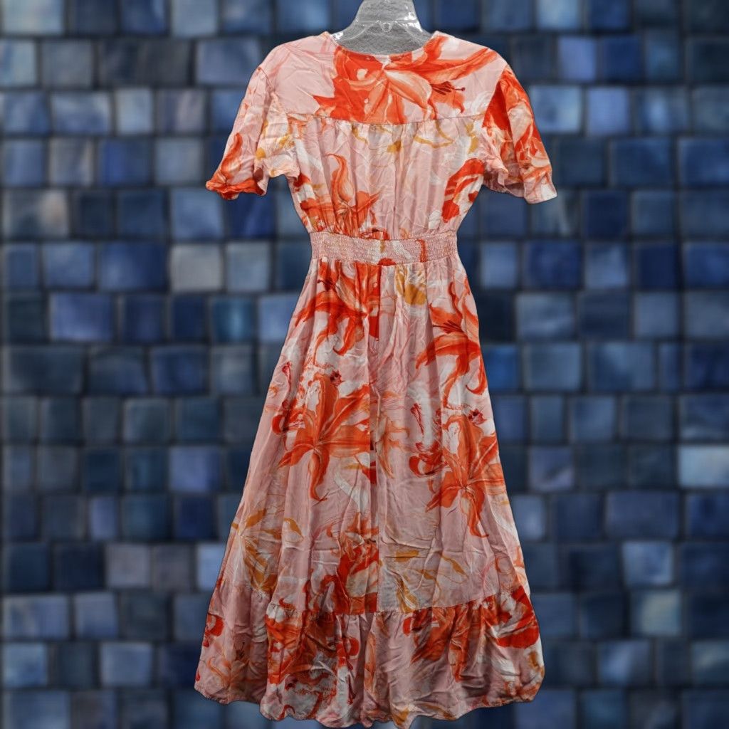 ABel The Label Smocked Waist Floral Midi Dress M orange Womens Hi Low