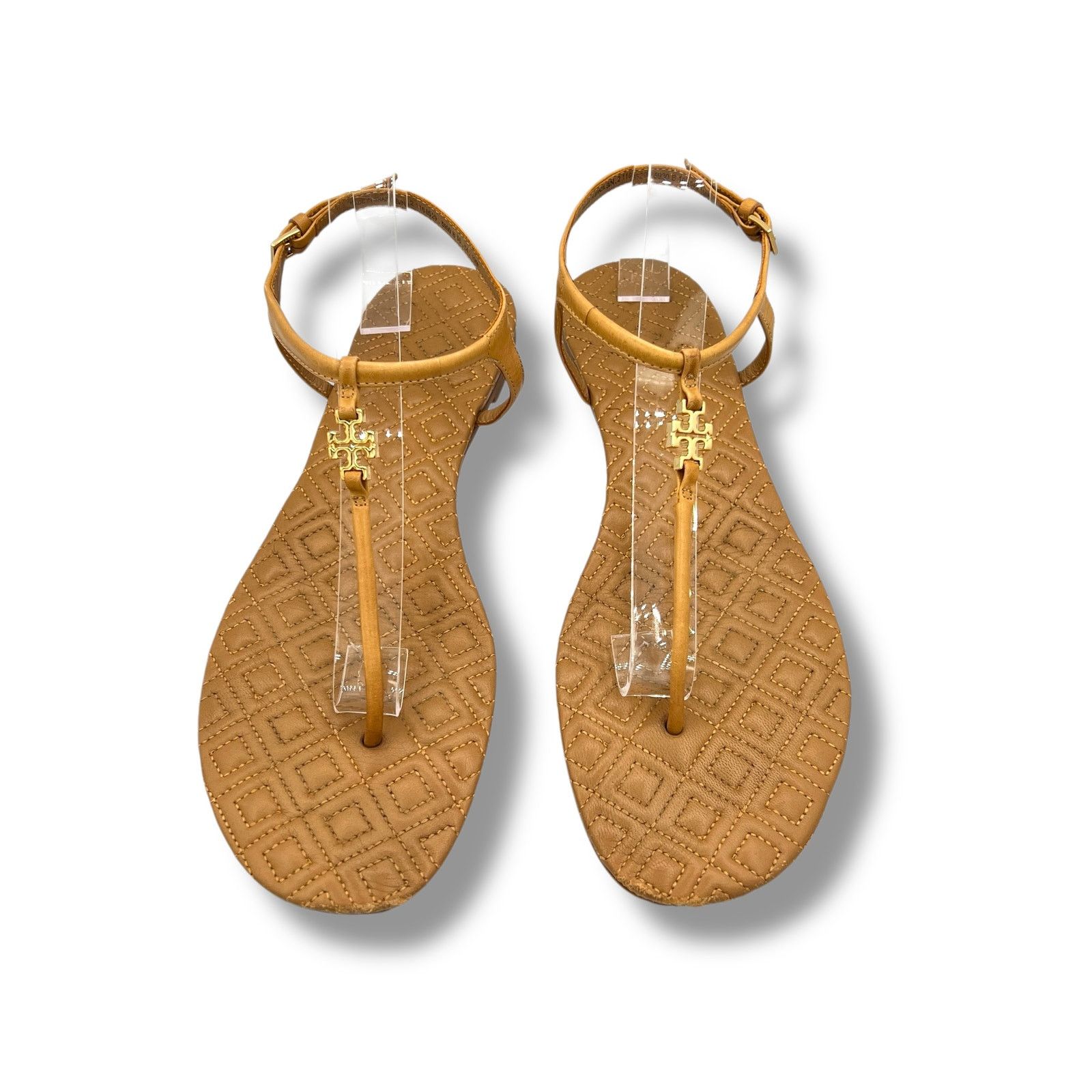 Tory Burch Marion Quilted Nude Leather Sandal Gold Logo in Brown, Women's (Size 10)