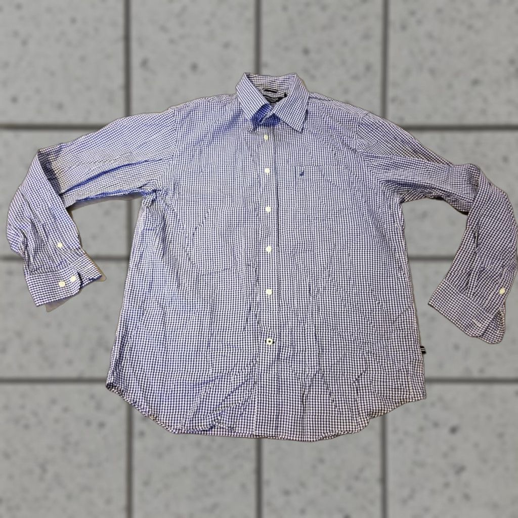 Nautica Nautica Mens Dress Shirt L Large Navy Blue Button Cotton Plaid Size 42R - 1 Thumbnail