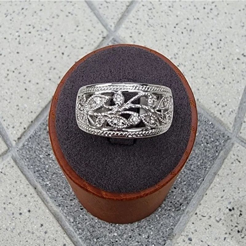 Designer RSC Silver Filigree Vine Floral Crystal Openwork Dome Ring Size ONE SIZE - 1 Thumbnail