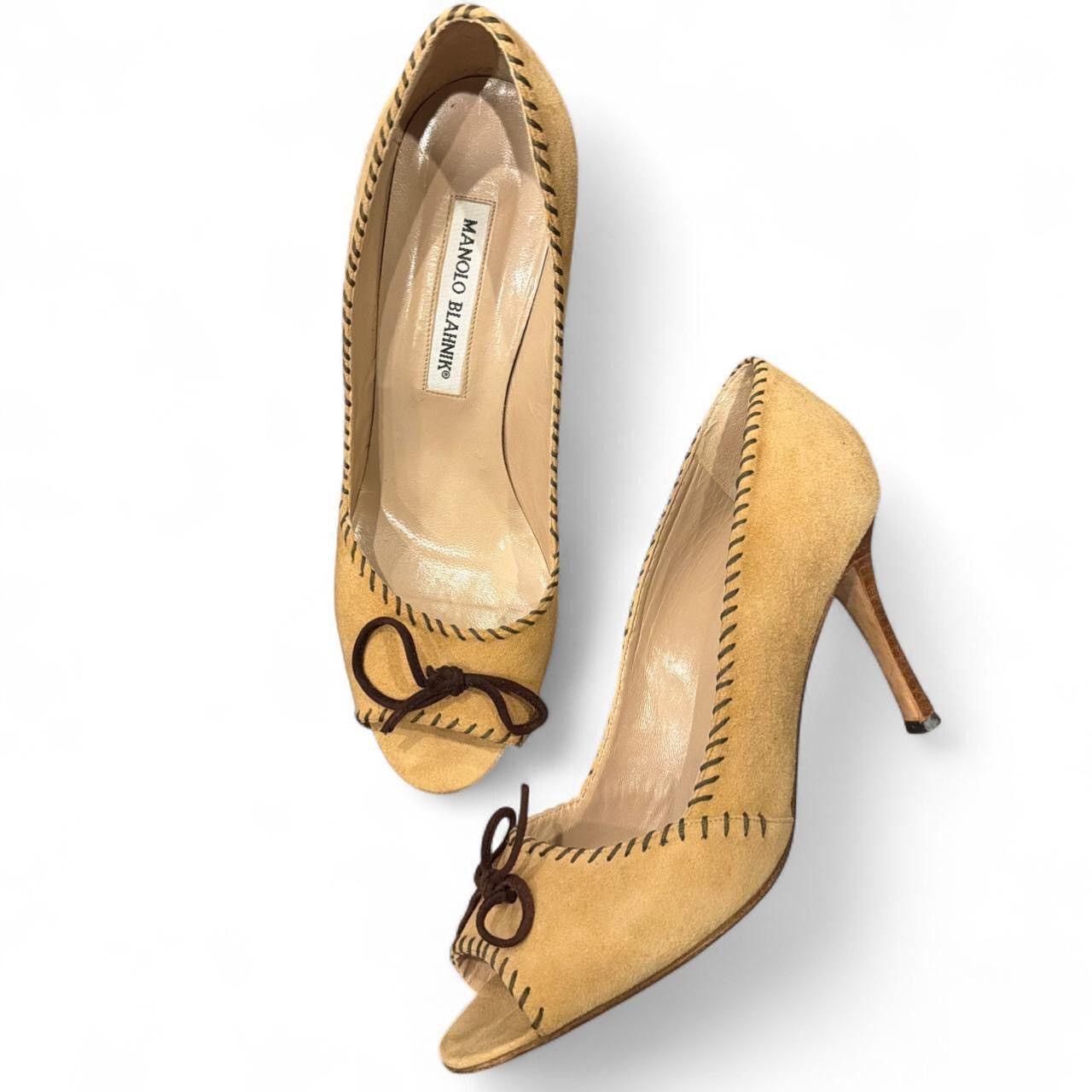 Manolo Blahnik Vintage Manolo Blahnik Suede Peep Toe Pumps Camel Size US 8.5 / IT 38.5 - 2 Thumbnail