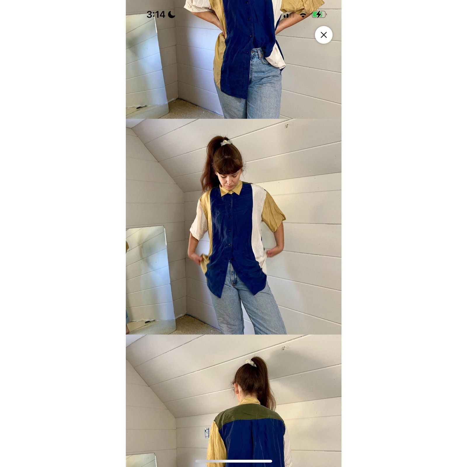 Vintage Vintage 90s Diana Marco Blue tan cream silk blouse Large Size L / US 10 / IT 46 - 3 Thumbnail