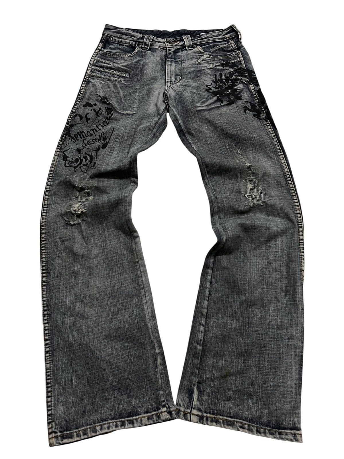 Semantic design tattoos washed flared pants