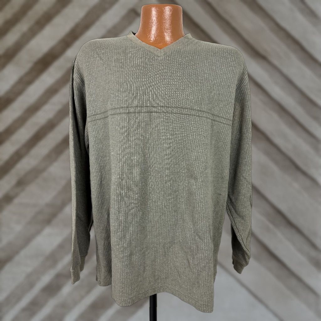 Van Heusen Y2K Ribbed Shirt Men XL V-Neck Olive Heather Heavy Preppy Long Sleeve Mens Size US XL / EU 56 / 4 - 1 Thumbnail