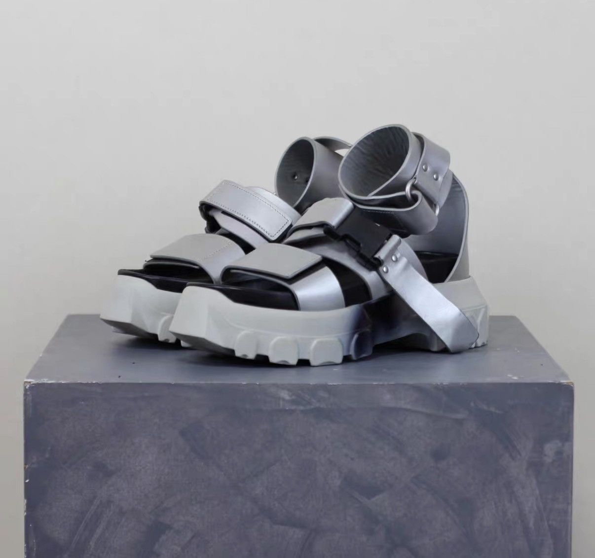 Rick Owens Gradient Silver Platform Tank Sole Sandals