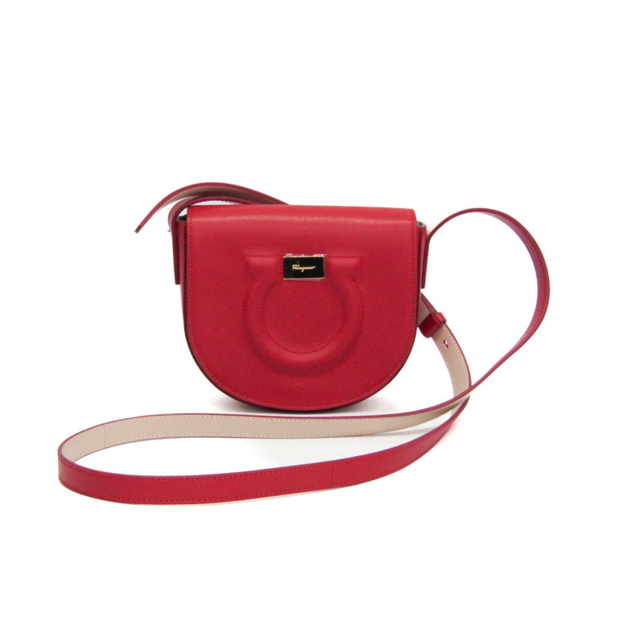 Salvatore Ferragamo Gancini AU-22 D522 Women's Leather Shoulder Bag Red Color