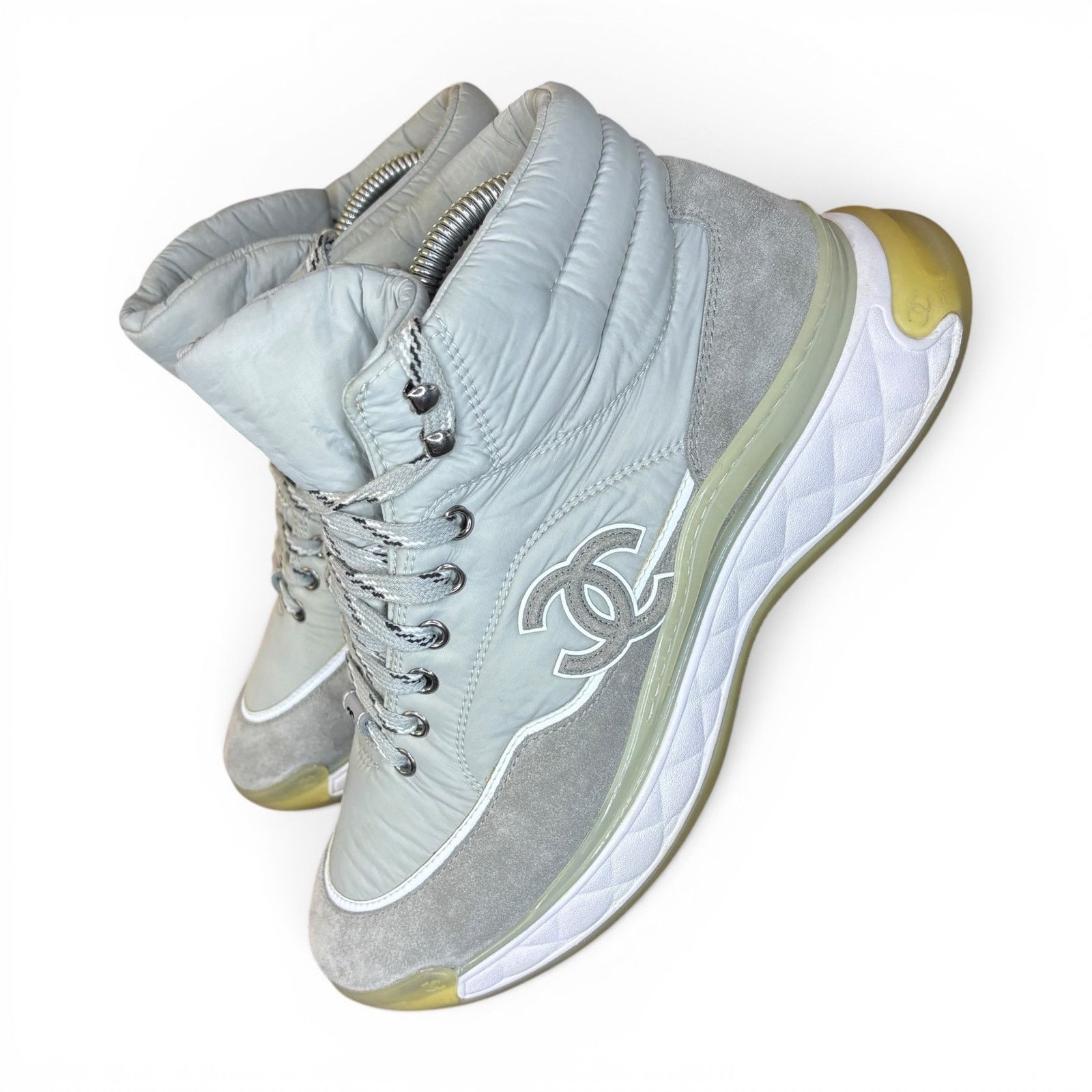 Chanel Chanel Grey White Quilted CC Logo Lace High Top Sneaker | 42 Size US 9 / EU 42 - 3 Thumbnail