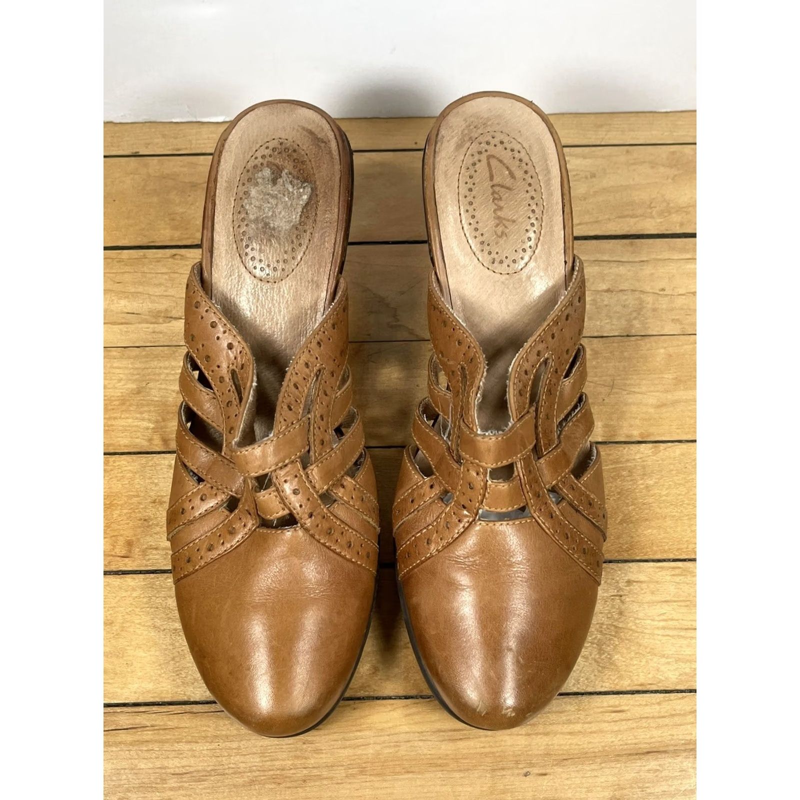 Clarks Clarks Womens Brown Leather Woven Slip On Mule Slides Clogs Heels Size 7.5 Size US 8 / IT 38 - 3 Thumbnail