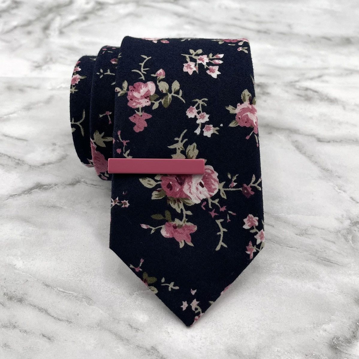 Other Men’s Navy Floral Slim Necktie & Rose Pink Tie Bar Size ONE SIZE - 1 Thumbnail