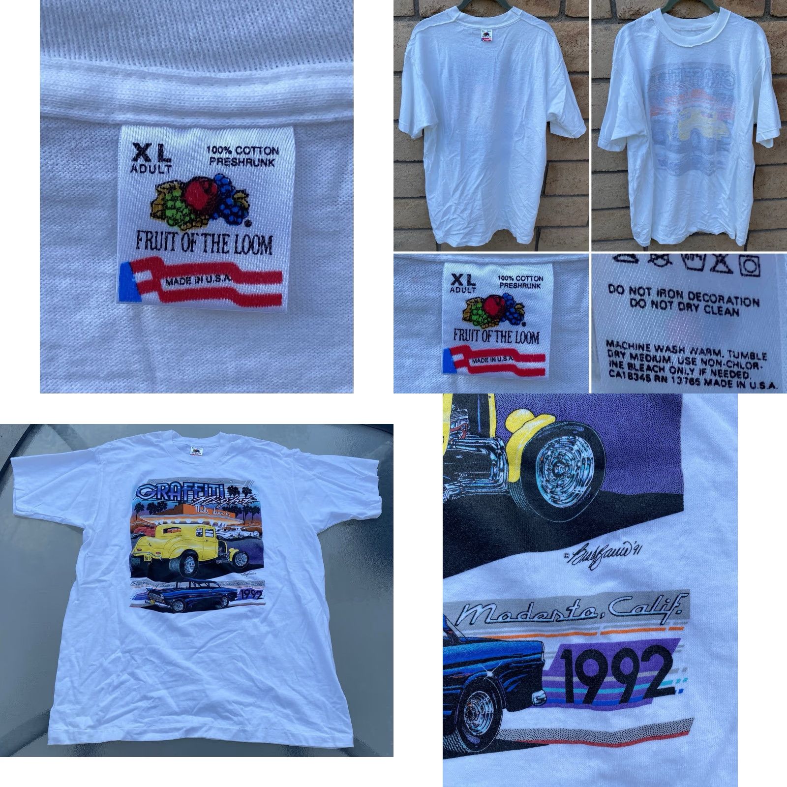 Fruit Of The Loom VINTAGE American Graffiti Night Mels Deive In Modesto 1992 T-Shirt Tee XL White USA 90s Cars City Thread: Fruit of the Loom Men T-Shirt Size US XL / EU 56 / 4 - 9 Thumbnail