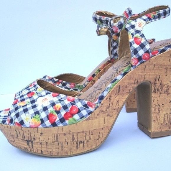 Other Jellypop Flower gingham plaid cork heel sandals Size US 10 / IT 40 - 1 Thumbnail