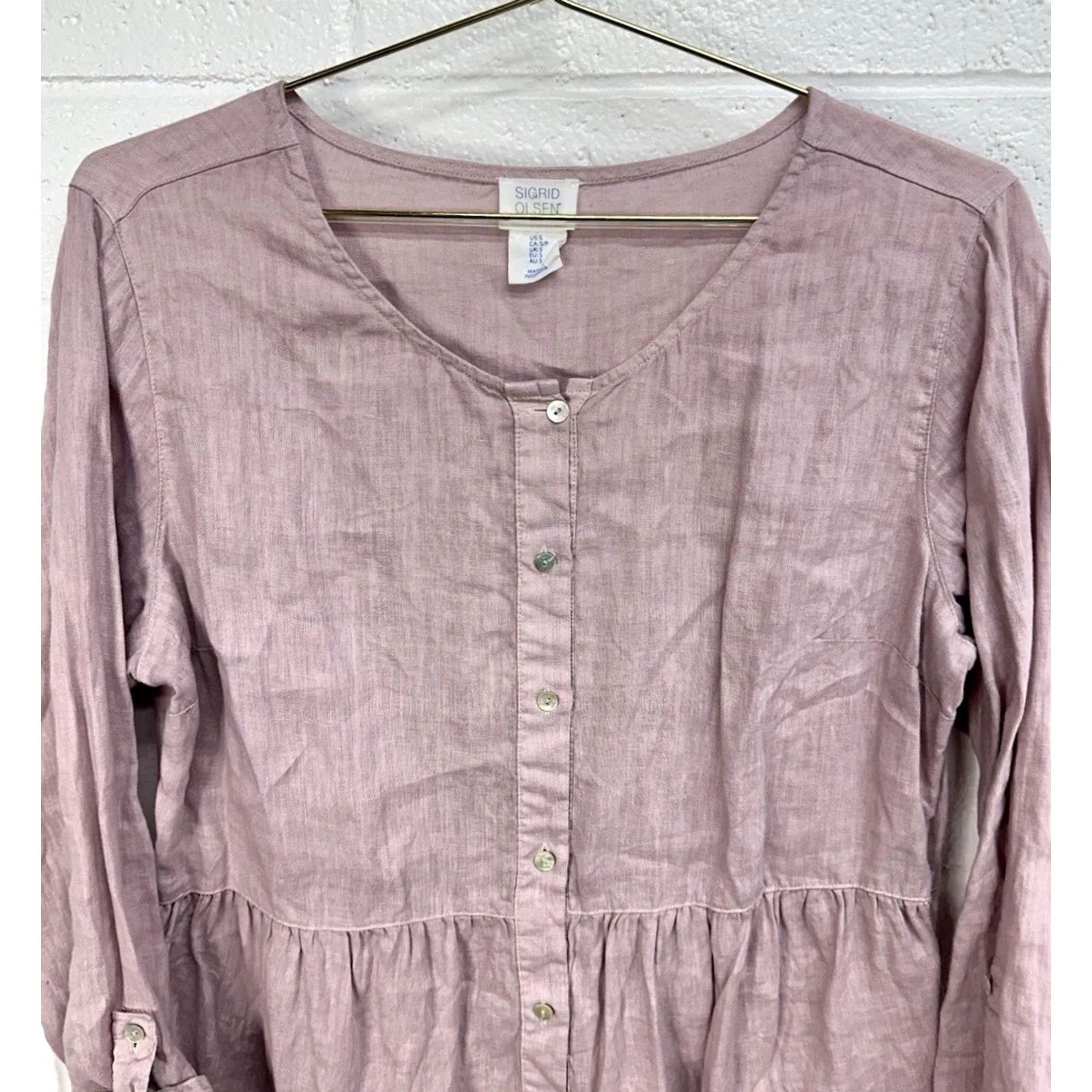Vintage Sigrid Olsen Light Purple Button Front Linen Peplum Blouse Sz Small Size S / US 4 / IT 40 - 2 Thumbnail