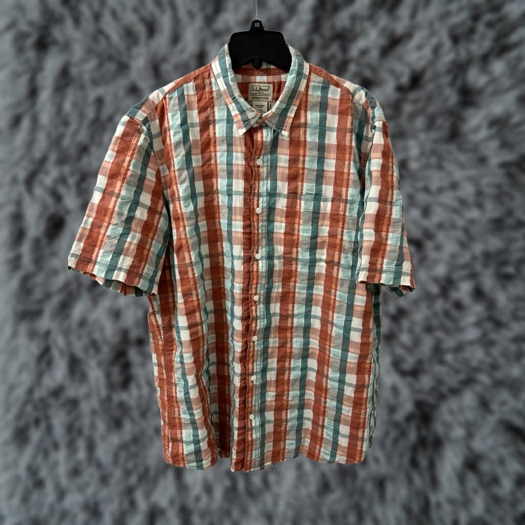 Vintage LL Bean Organic Cotton Shirt Mens Large Orange Plaid Button-Down S/S 510607 Size US L / EU 52-54 / 3 - 1 Thumbnail