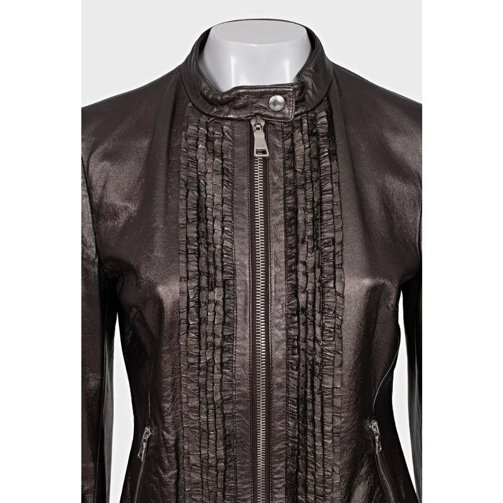 Prada Prada Brown Leather Ruffle Jacket - Size XL (IT46) Size L / US 10 / IT 46 - 4 Thumbnail