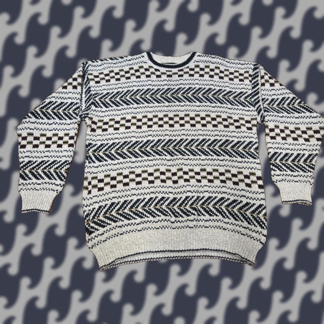 Vintage VINTAGE R&R Casuals Sweater Mens XL Cream Geometric Knit Cotton Crew Neck Pullover USA 90s Mens Size US XL / EU 56 / 4 - 1 Thumbnail