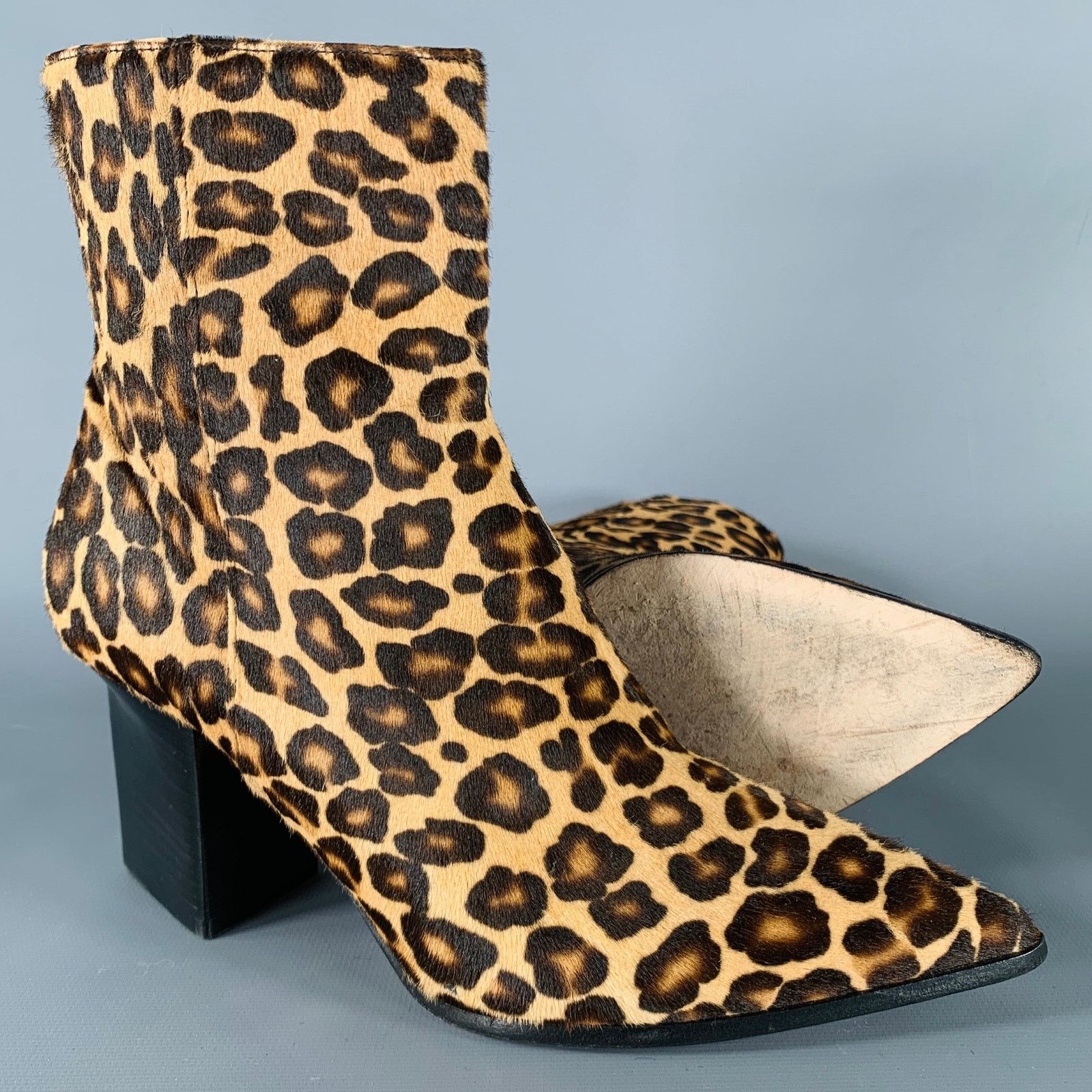 Brown Beige Animal Print Calf Hair Chunky Heel Boots