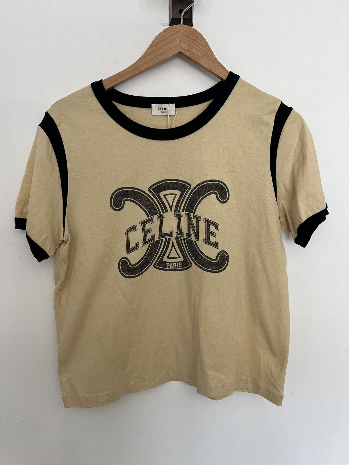 image of Celine Triomphe Logo Shirt in Cream, Men's (Size XS)