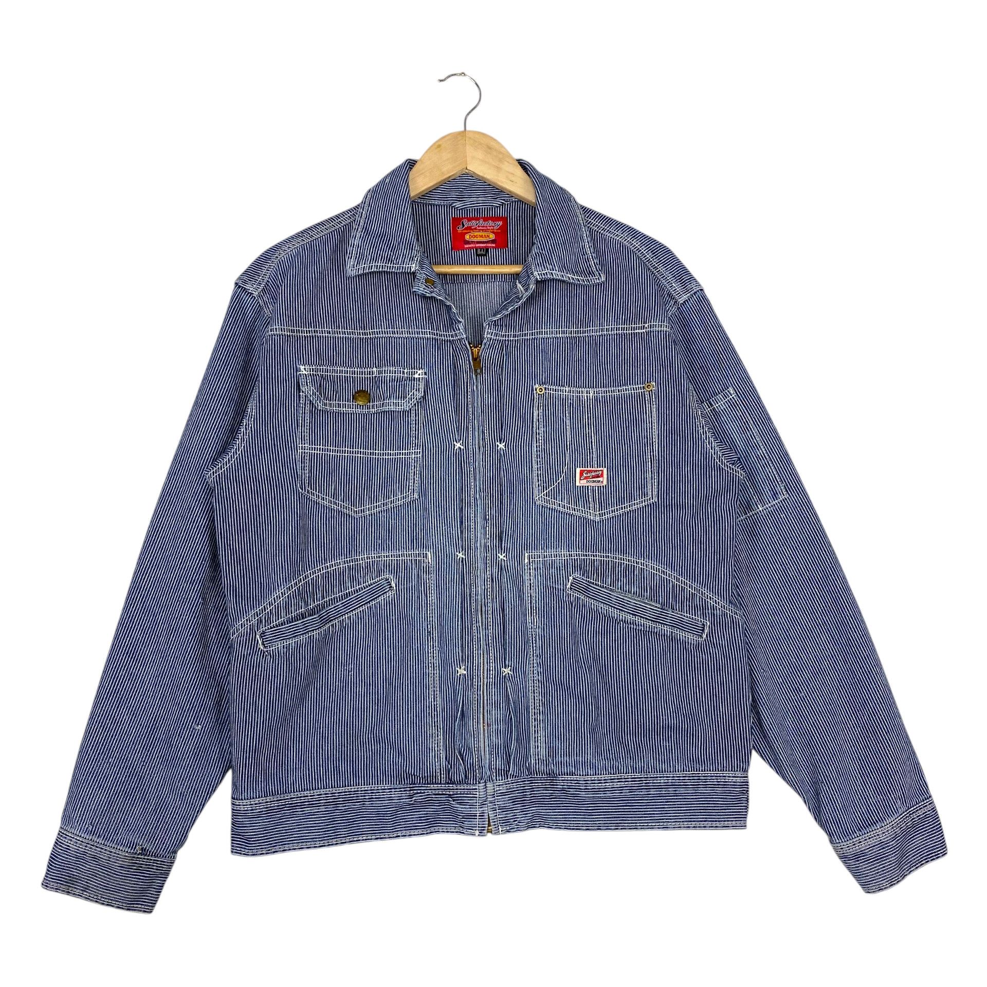 Japanese Brand 💥SATISFACTORY DOGMAN HICKORY TRUCKER JACKET Size US L / EU 52-54 / 3 - 4 Thumbnail